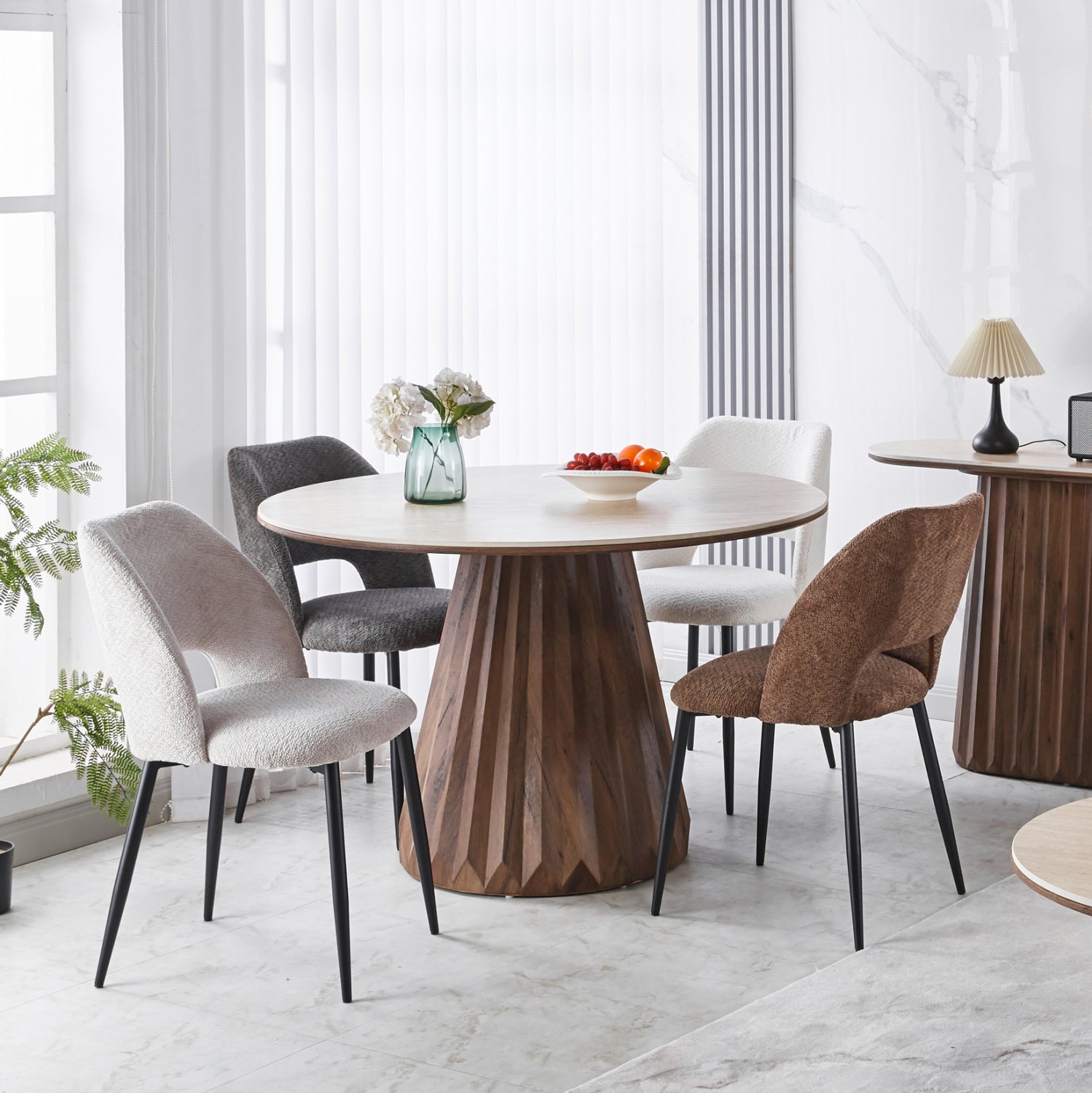 DINING TABLE ROUND WALDEN HM18440 CERAMIC TOP IN TRAVERTINE COLOR--MDF BASE IN WALNUT Φ120x76Hcm.