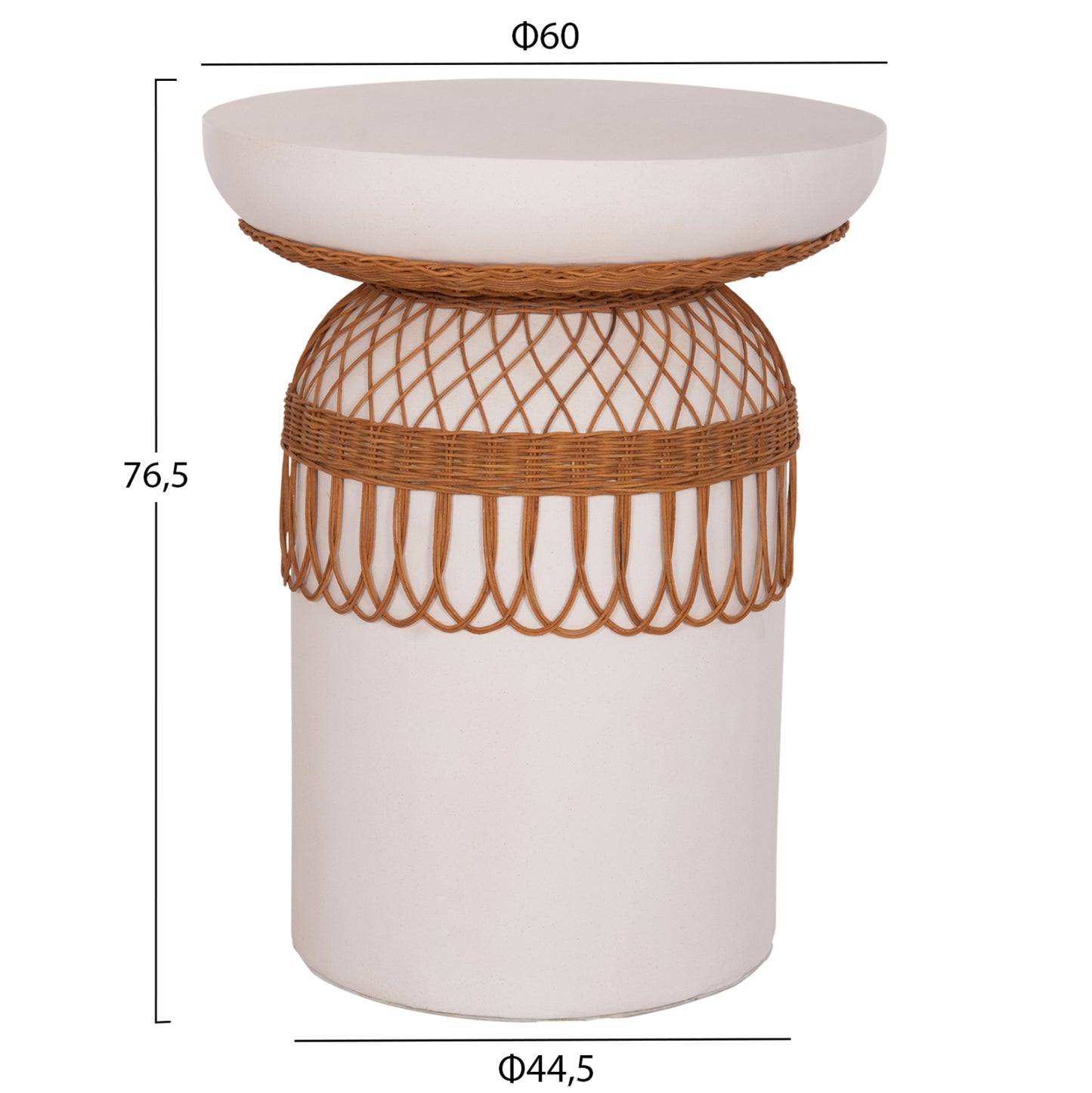 SIDE TABLE ROUND PRILEP HM18159.02 FIBER CEMENT IN WHITE & RATTAN--Φ60x76.5Hcm.