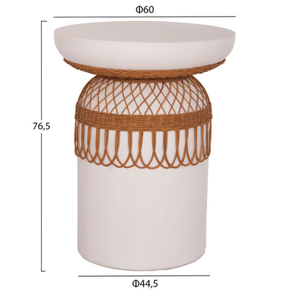 SIDE TABLE ROUND PRILEP HM18159.02 FIBER CEMENT IN WHITE & RATTAN--Φ60x76.5Hcm.