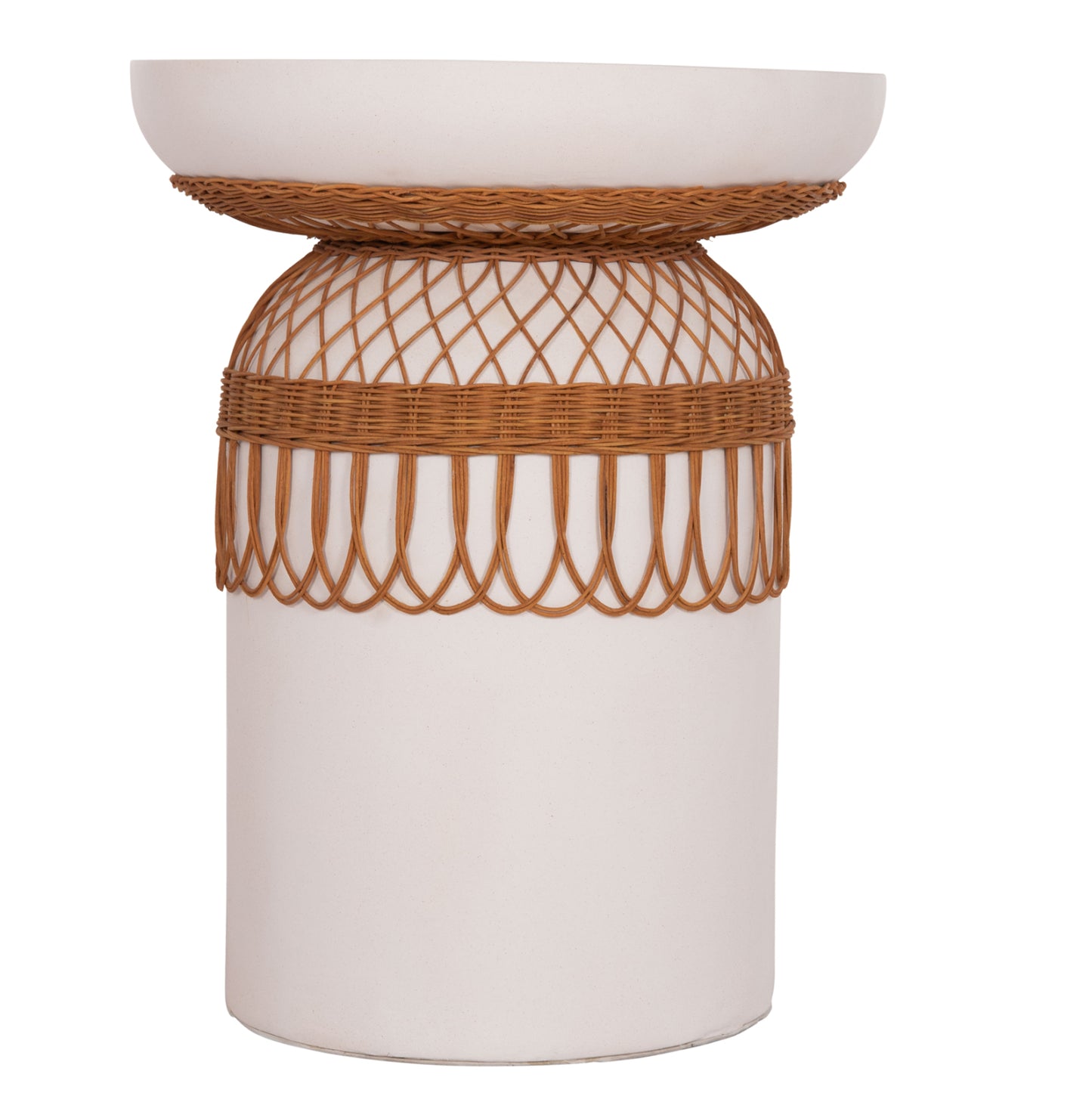 SIDE TABLE ROUND PRILEP HM18159.02 FIBER CEMENT IN WHITE & RATTAN--Φ60x76.5Hcm.
