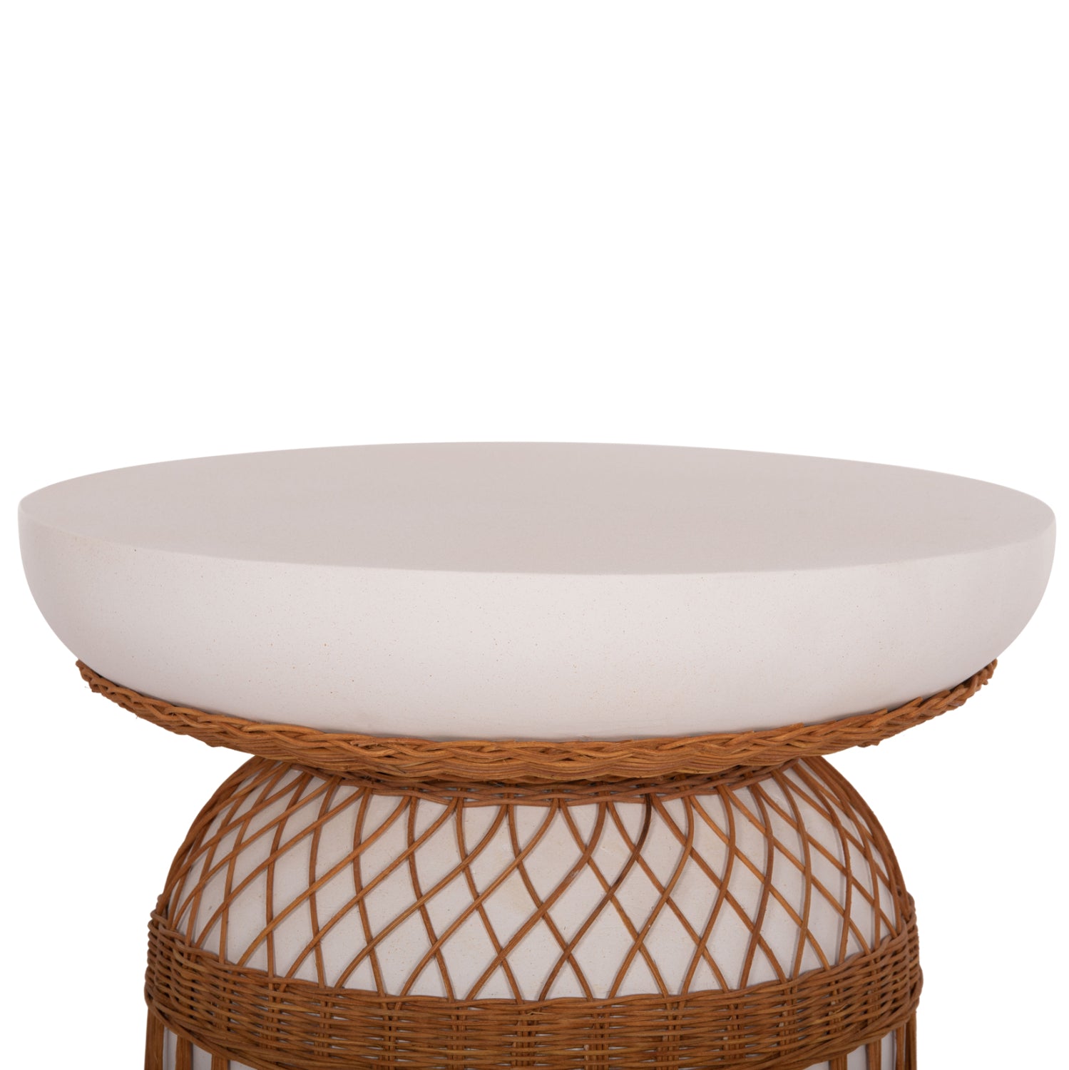 SIDE TABLE ROUND PRILEP HM18159.02 FIBER CEMENT IN WHITE & RATTAN--Φ60x76.5Hcm.