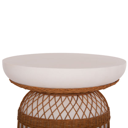 SIDE TABLE ROUND PRILEP HM18159.02 FIBER CEMENT IN WHITE & RATTAN--Φ60x76.5Hcm.
