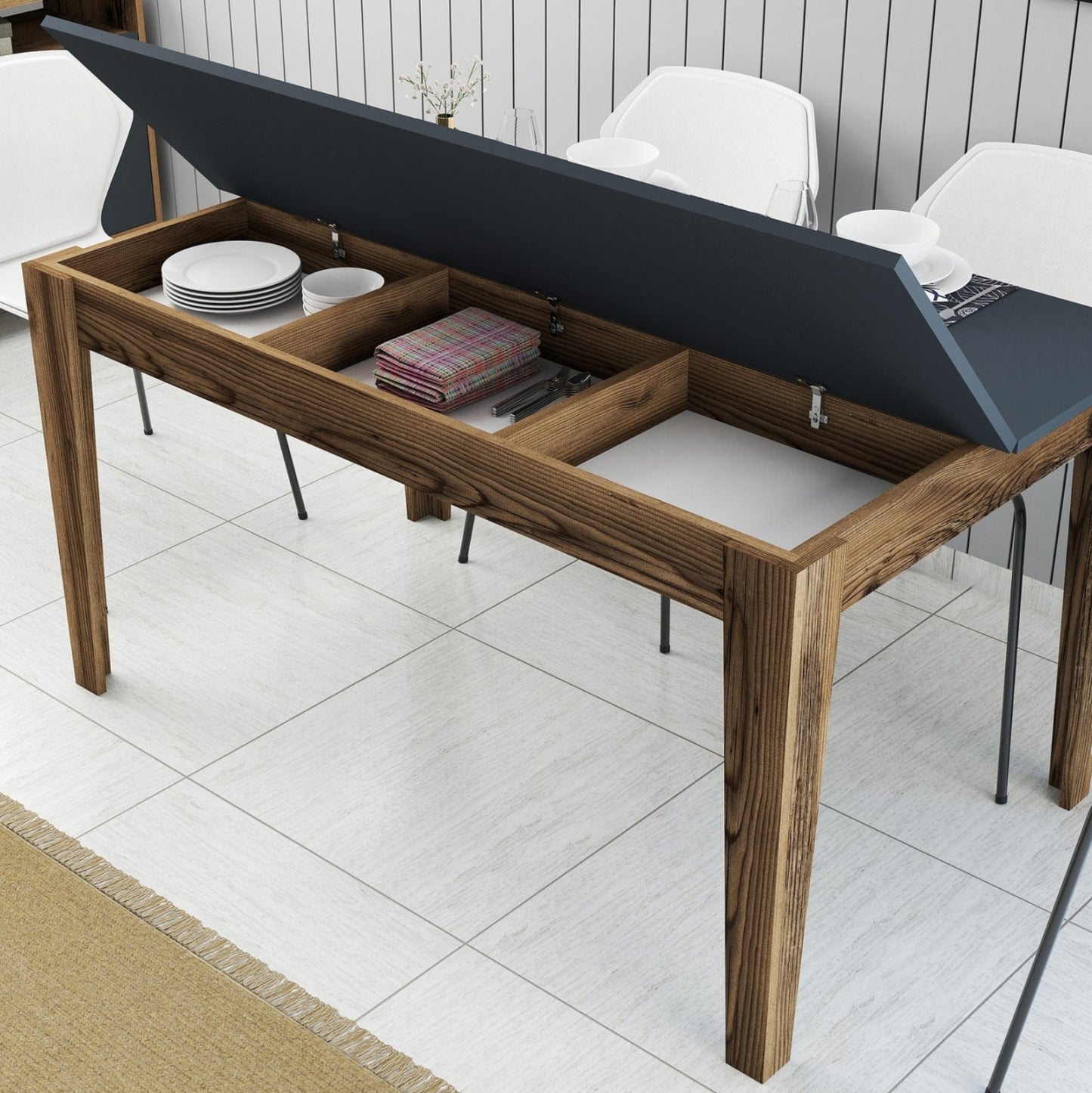 DINING TABLE STANDARD HM9507.01 MELAMINE WALNUT-ANTHRACITE WITH STORAGE SPACE 145x88x75Hcm.