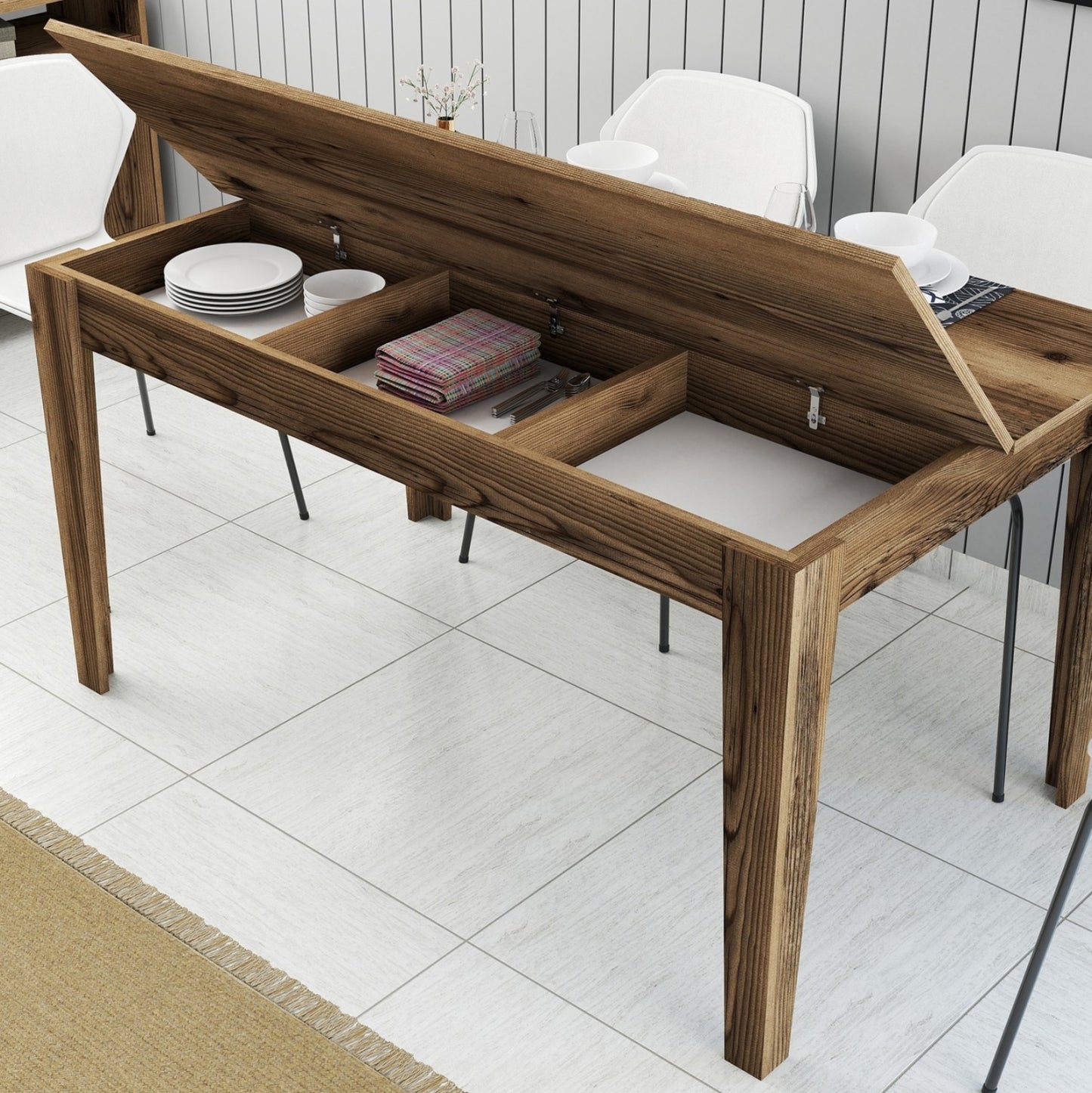 DINING TABLE STANDARD HM9507.04 MELAMINE WALNUT WITH STORAGE SPACE 145x88x75Hcm.