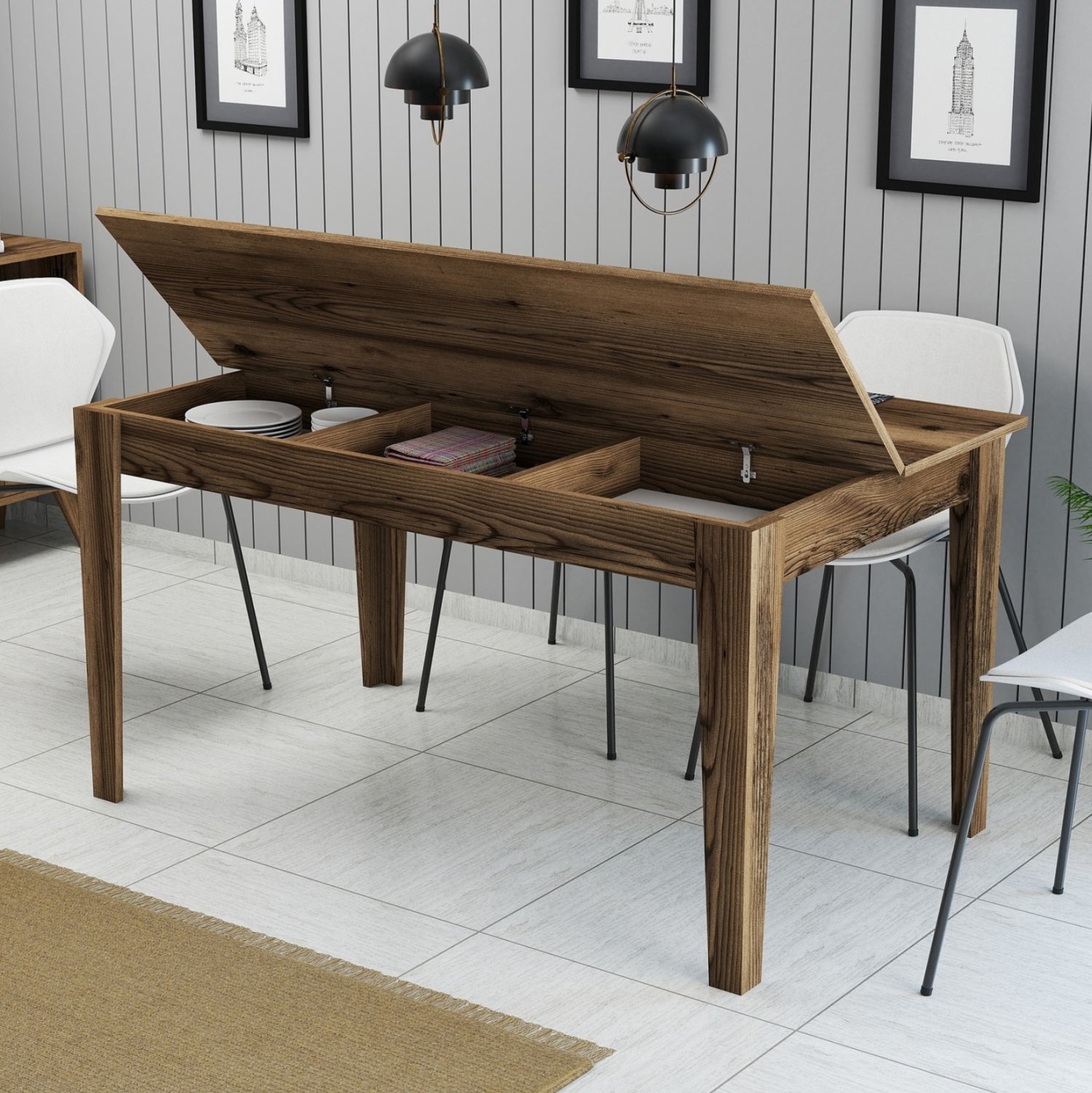 DINING TABLE STANDARD HM9507.04 MELAMINE WALNUT WITH STORAGE SPACE 145x88x75Hcm.
