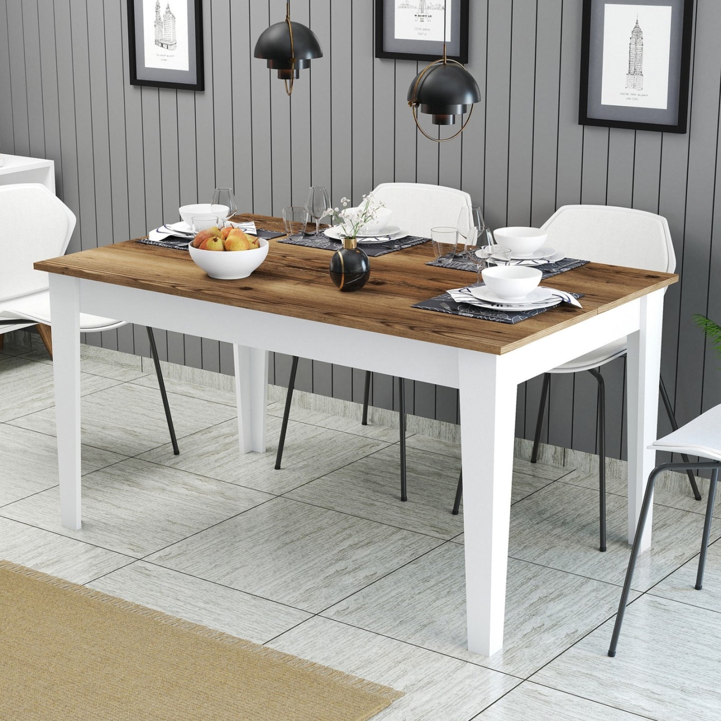DINING TABLE STANDARD HM9507.07 MELAMINE WHITE-WALNUT WITH STORAGE SPACE 145x88x75Hcm.