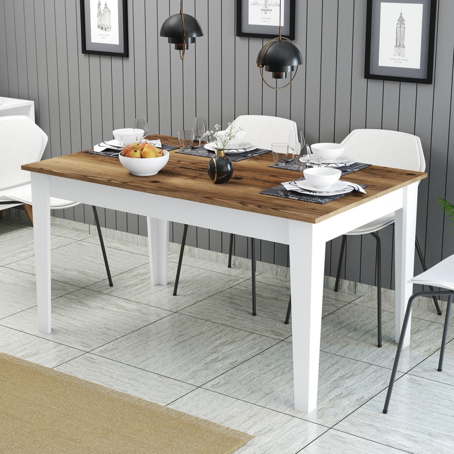 DINING TABLE STANDARD HM9507.07 MELAMINE WHITE-WALNUT WITH STORAGE SPACE 145x88x75Hcm.
