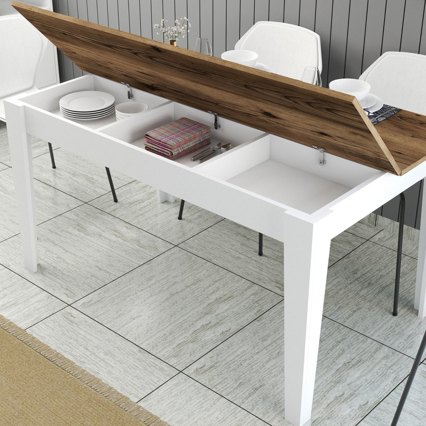 DINING TABLE STANDARD HM9507.07 MELAMINE WHITE-WALNUT WITH STORAGE SPACE 145x88x75Hcm.