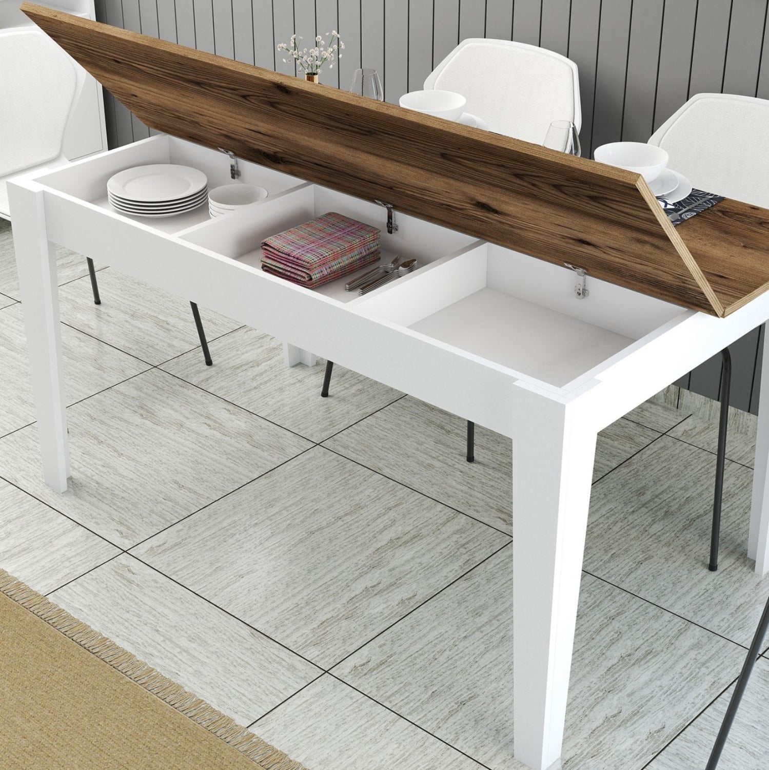 DINING TABLE STANDARD HM9507.07 MELAMINE WHITE-WALNUT WITH STORAGE SPACE 145x88x75Hcm.
