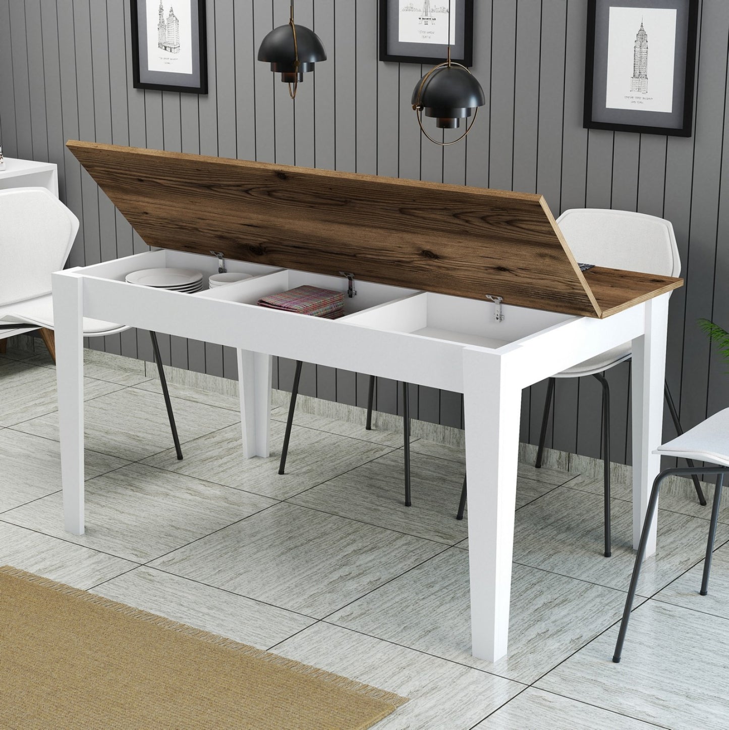 DINING TABLE STANDARD HM9507.07 MELAMINE WHITE-WALNUT WITH STORAGE SPACE 145x88x75Hcm.