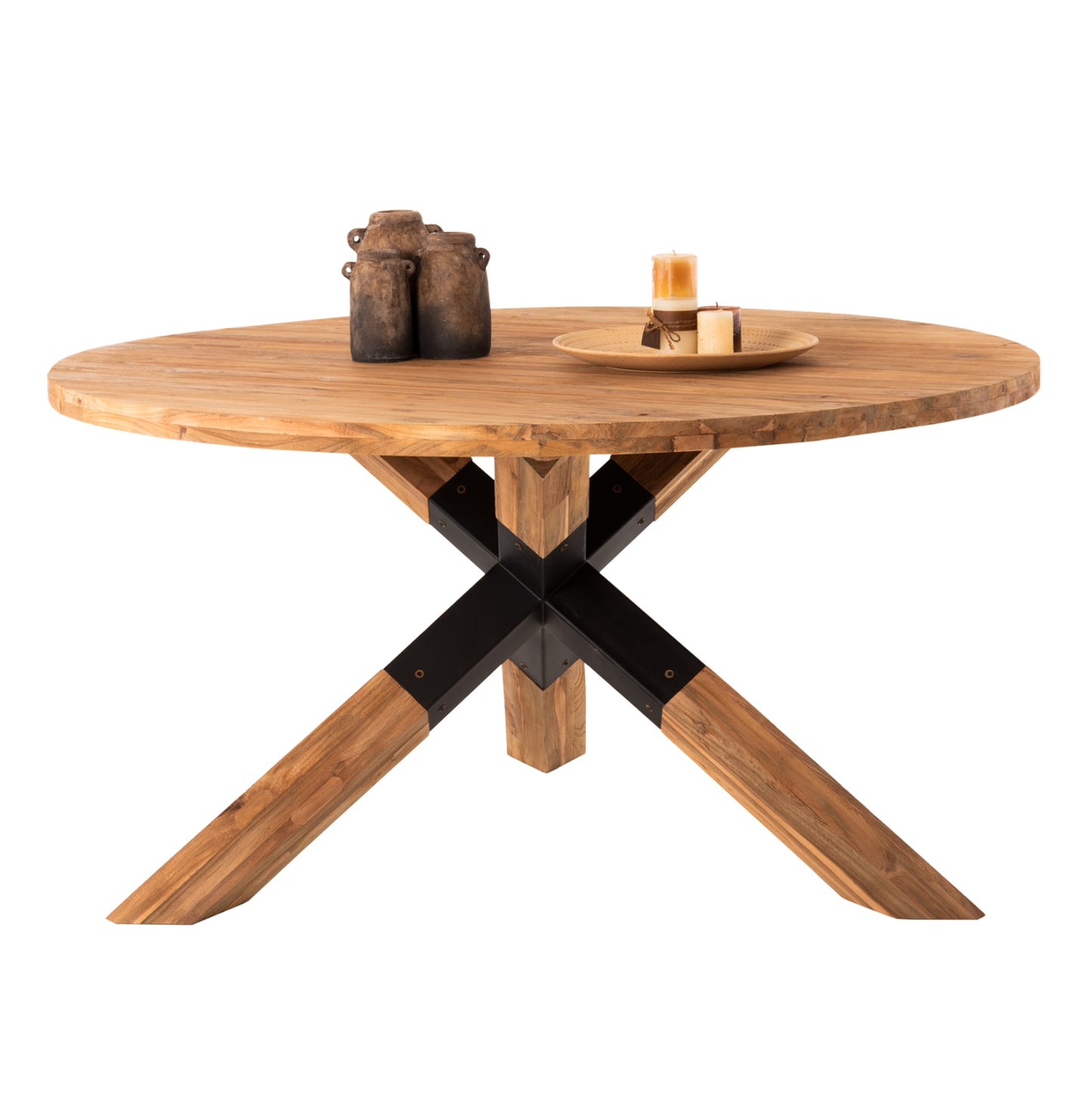 DINING TABLE ROUND KATTE HM9559 RECYCLED TEAK WOOD-LEGS WITH METAL Φ150x78Hcm.