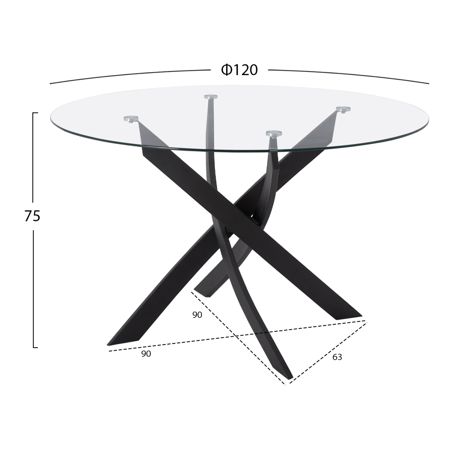 Dining Table Round metallic Black with glass Φ120x75Ηcm. HM8733.01