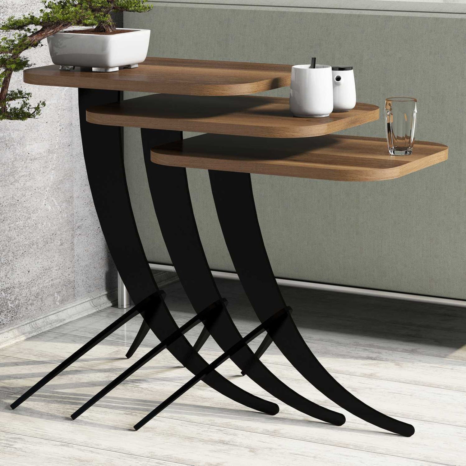 SIDE TABLES 3PCS HM9508.03 MELAMINE IN WALNUT-BLACK METAL LEGS 35x45x60Hcm.