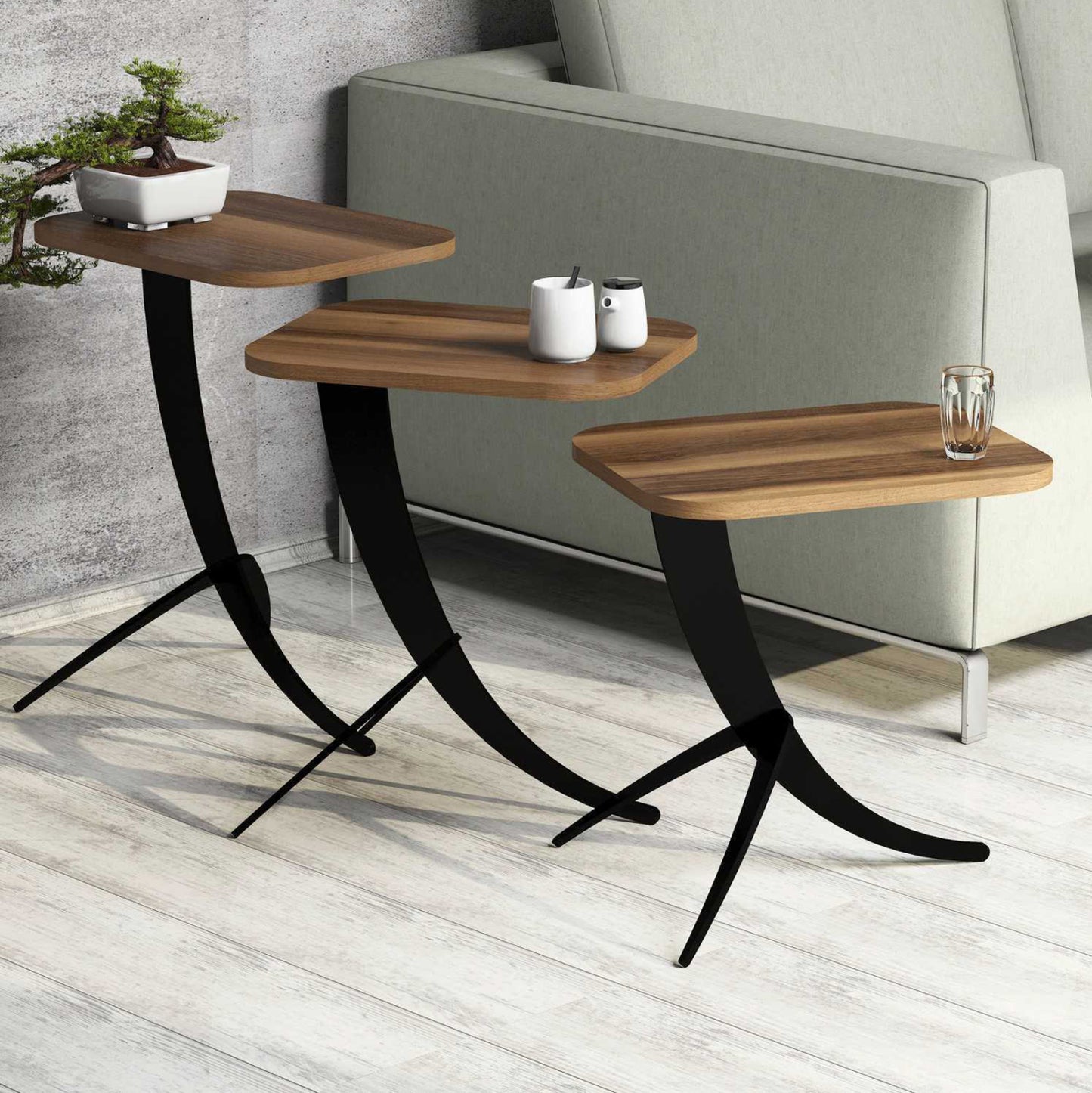 SIDE TABLES 3PCS HM9508.03 MELAMINE IN WALNUT-BLACK METAL LEGS 35x45x60Hcm.
