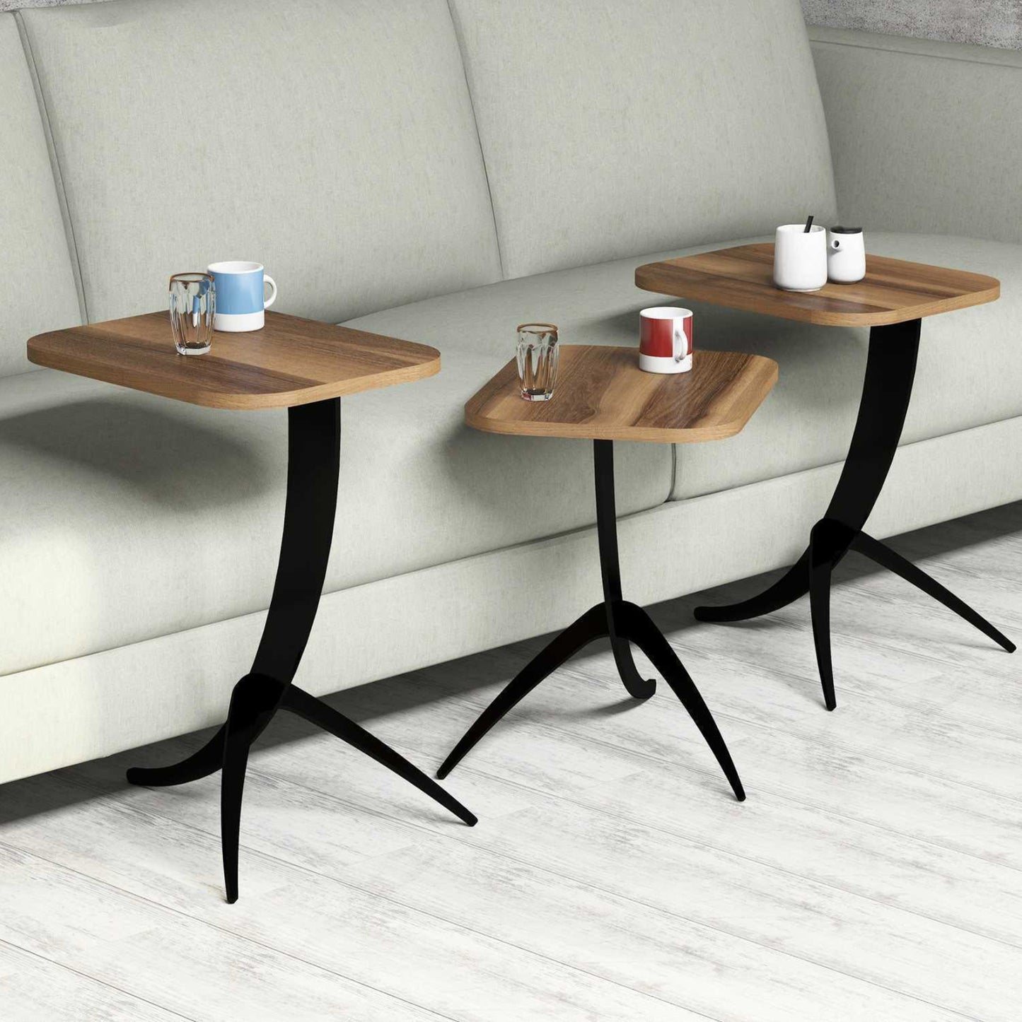 SIDE TABLES 3PCS HM9508.03 MELAMINE IN WALNUT-BLACK METAL LEGS 35x45x60Hcm.