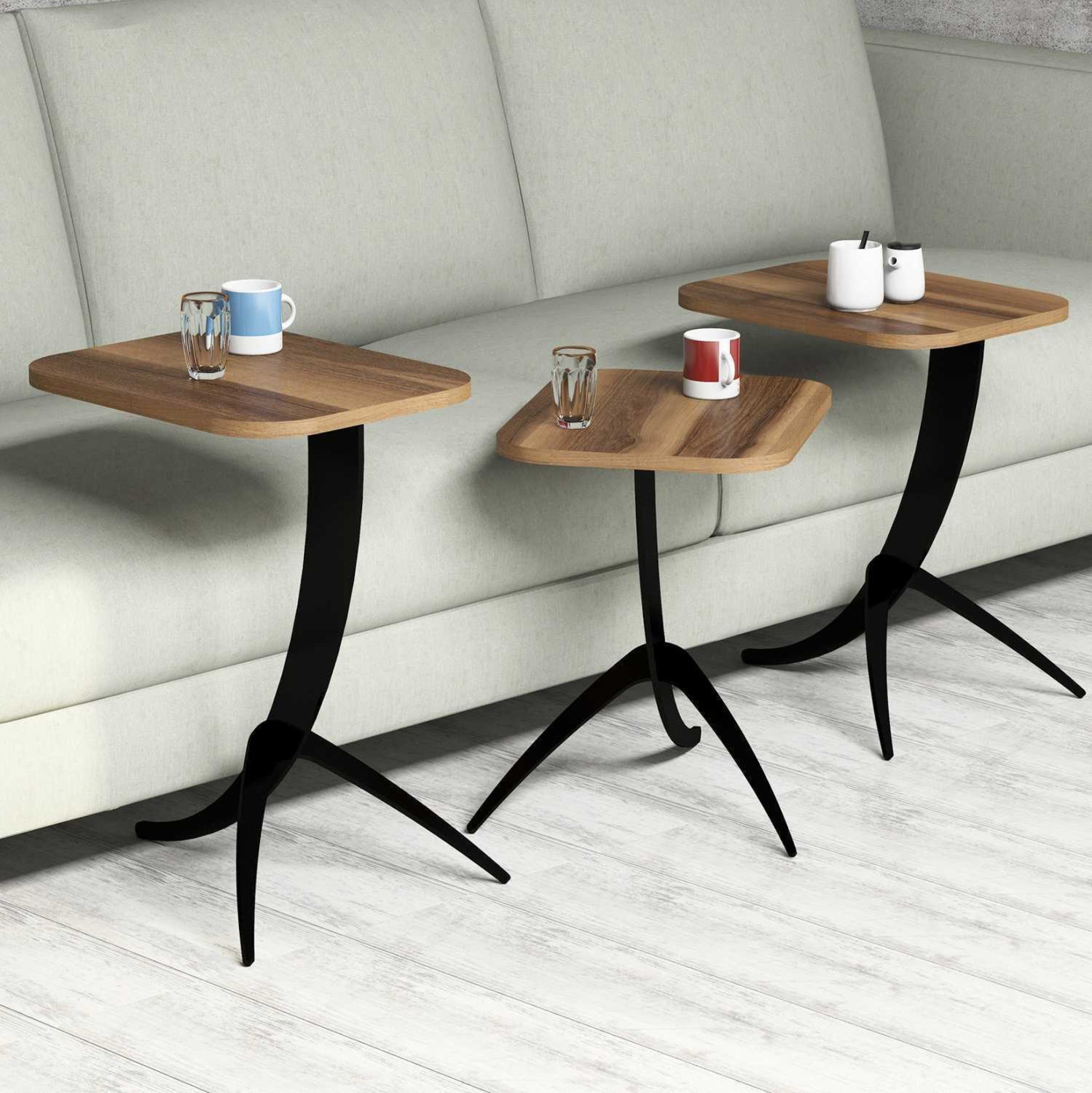 SIDE TABLES 3PCS HM9508.03 MELAMINE IN WALNUT-BLACK METAL LEGS 35x45x60Hcm.