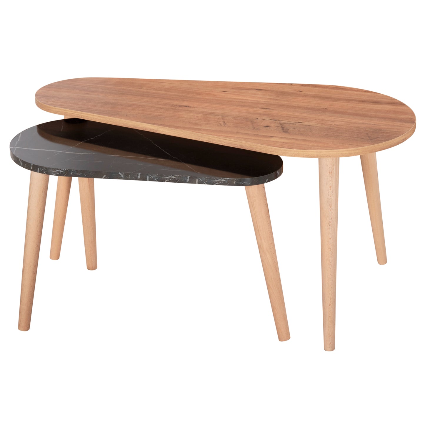 COFFEE TABLES 2PCS APRILIA HM18179.02 MELAMINE IN NATURAL & BLACK MARBLE-WOODEN LEGS IN NATURAL 95x47x47Hcm