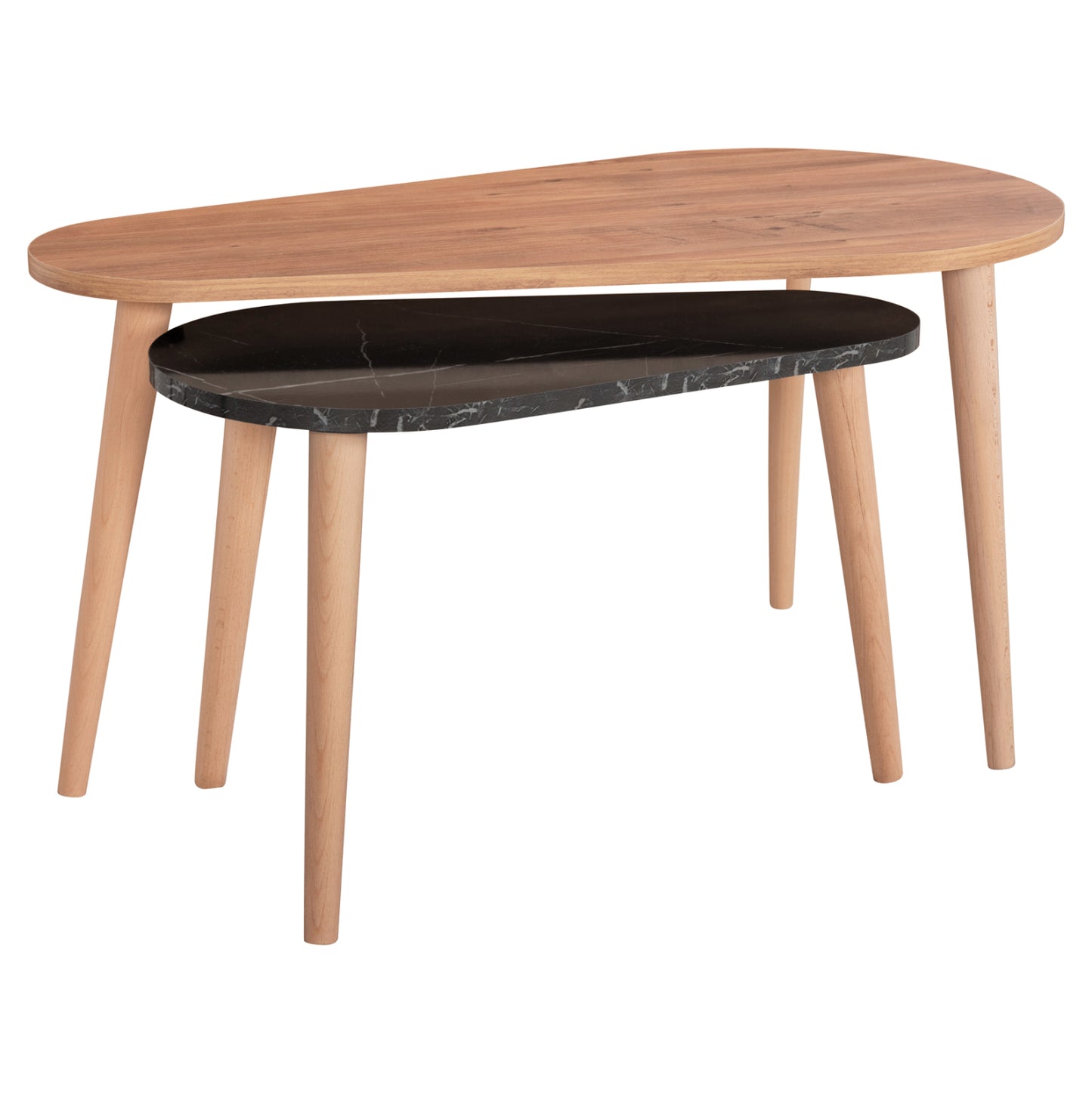 COFFEE TABLES 2PCS APRILIA HM18179.02 MELAMINE IN NATURAL & BLACK MARBLE-WOODEN LEGS IN NATURAL 95x47x47Hcm