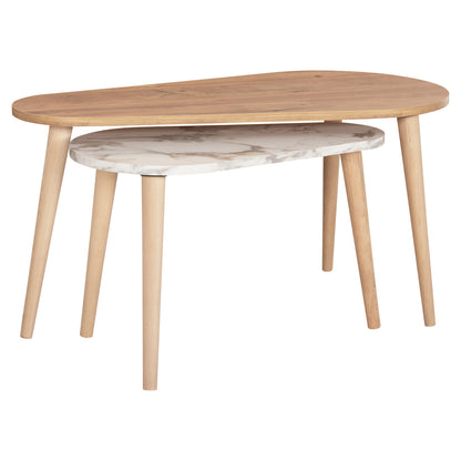 COFFEE TABLES 2PCS APRILIA HM18179.03 MELAMINE IN NATURAL & WHITE MARBLE-WOODEN LEGS IN NATURAL 94x47x47,5Hcm