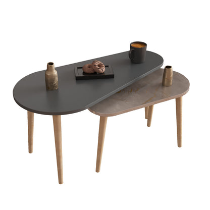 COFFEE TABLES 2PCS APRILIA HM18179.06 MELAMINE IN ANTHRACITE & GREY MARBLE-WOODEN LEGS IN NATURAL 95x47x47Hcm