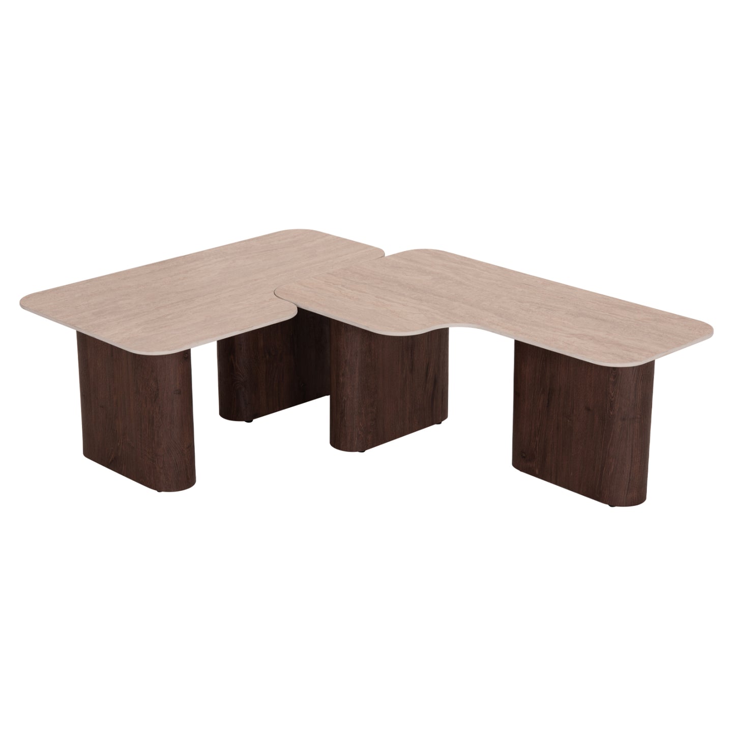 COFFEE TABLES 2PCS NOTTE HM18432 CERAMIC TOP IN TRAVERTINE COLOR--MDF LEGS WALNUT 100x100x43Hcm.