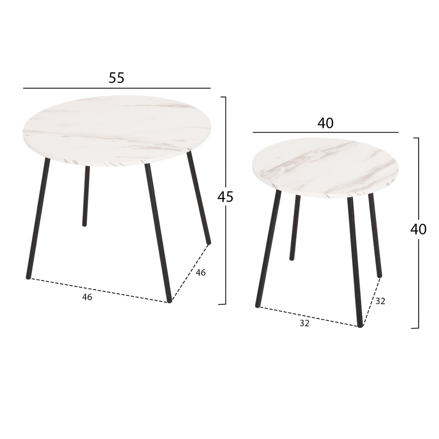 COFFEE TABLES 2PCS ROUND CUPPER HM9878.12 MELAMINE IN WHITE MARBLE-BLACK METAL Φ55x45Hcm.