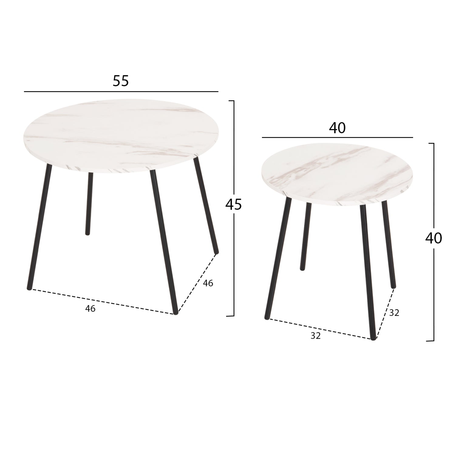 COFFEE TABLES 2PCS ROUND CUPPER HM9878.12 MELAMINE IN WHITE MARBLE-BLACK METAL Φ55x45Hcm.