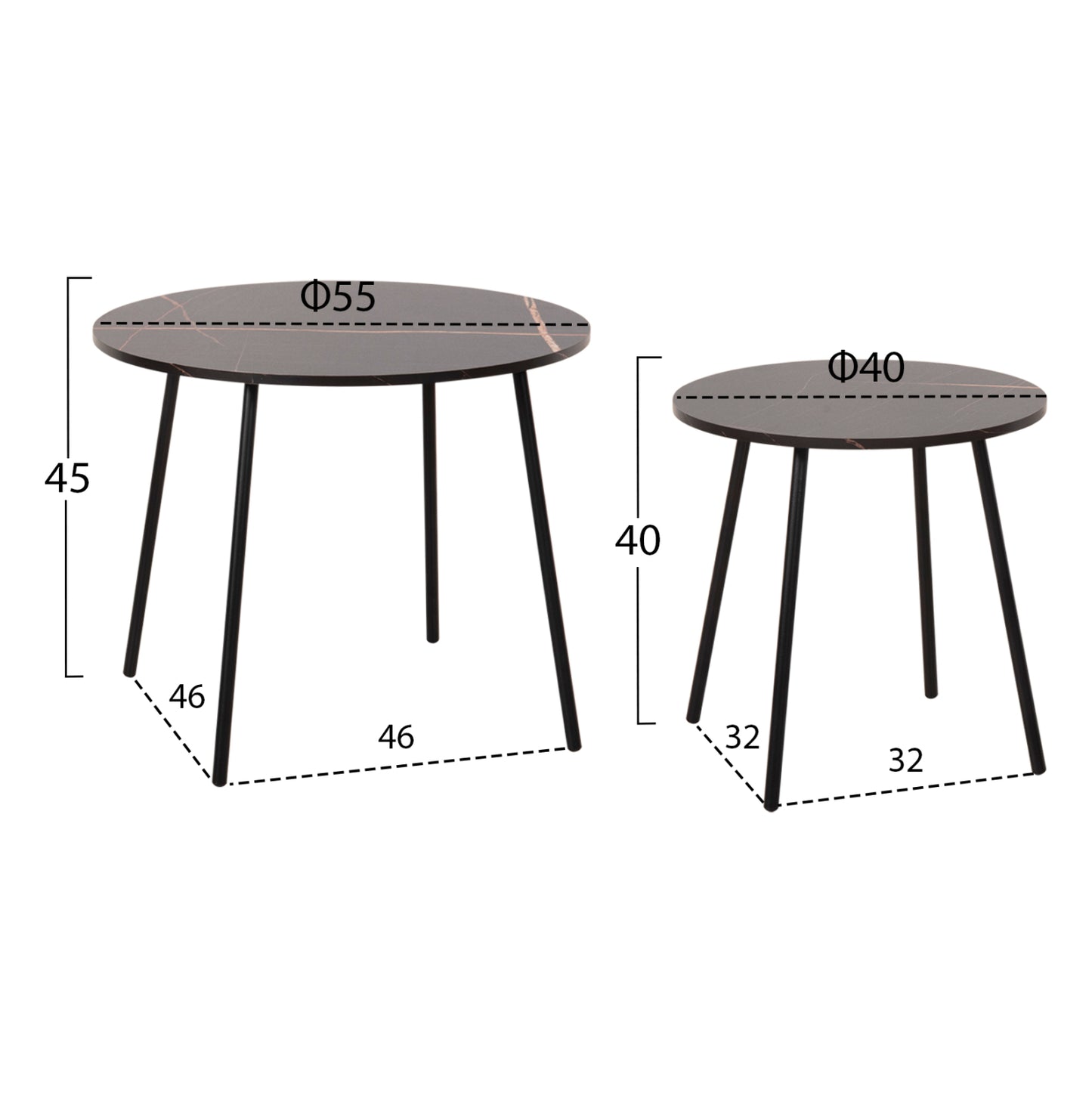 COFFEE TABLES 2PCS ROUND CUPPER HM9878.13 MELAMINE IN BLACK MARBLE-BLACK METAL Φ55x45Hcm.