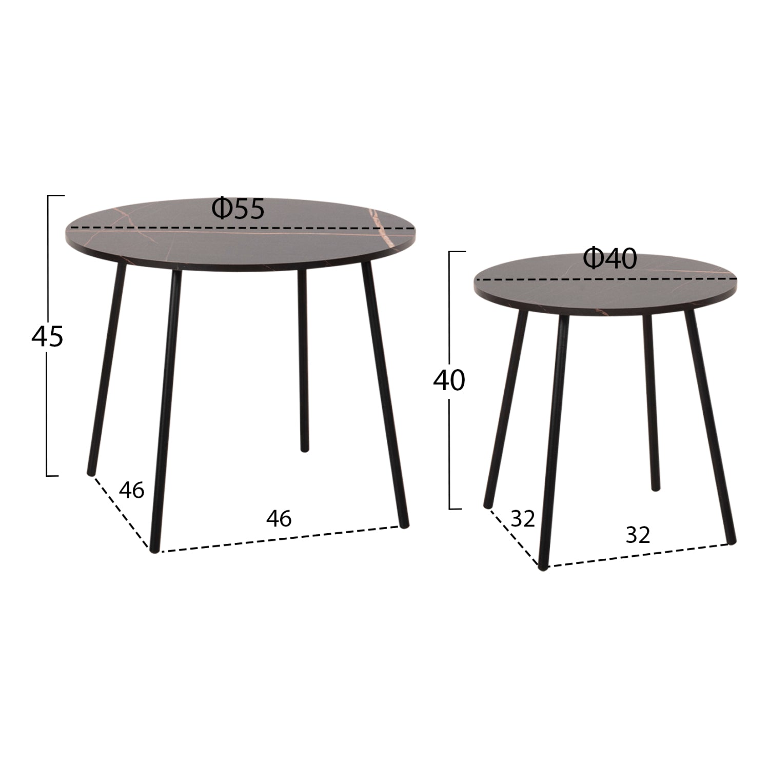 COFFEE TABLES 2PCS ROUND CUPPER HM9878.13 MELAMINE IN BLACK MARBLE-BLACK METAL Φ55x45Hcm.