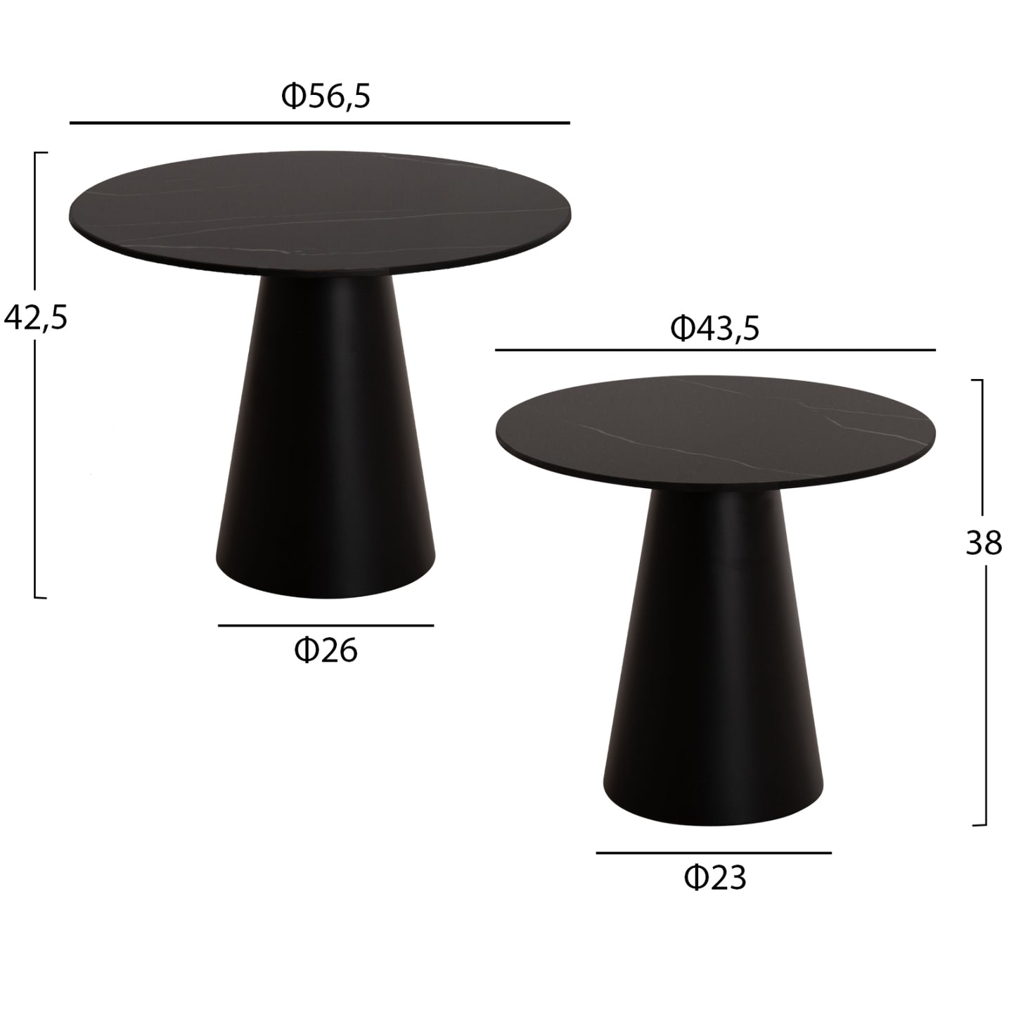 COFFEE TABLES 2PCS DIEN HM9926 METAL BASES & CERAMIC TOP-BLACK Φ56.5 & Φ43.5 cm.