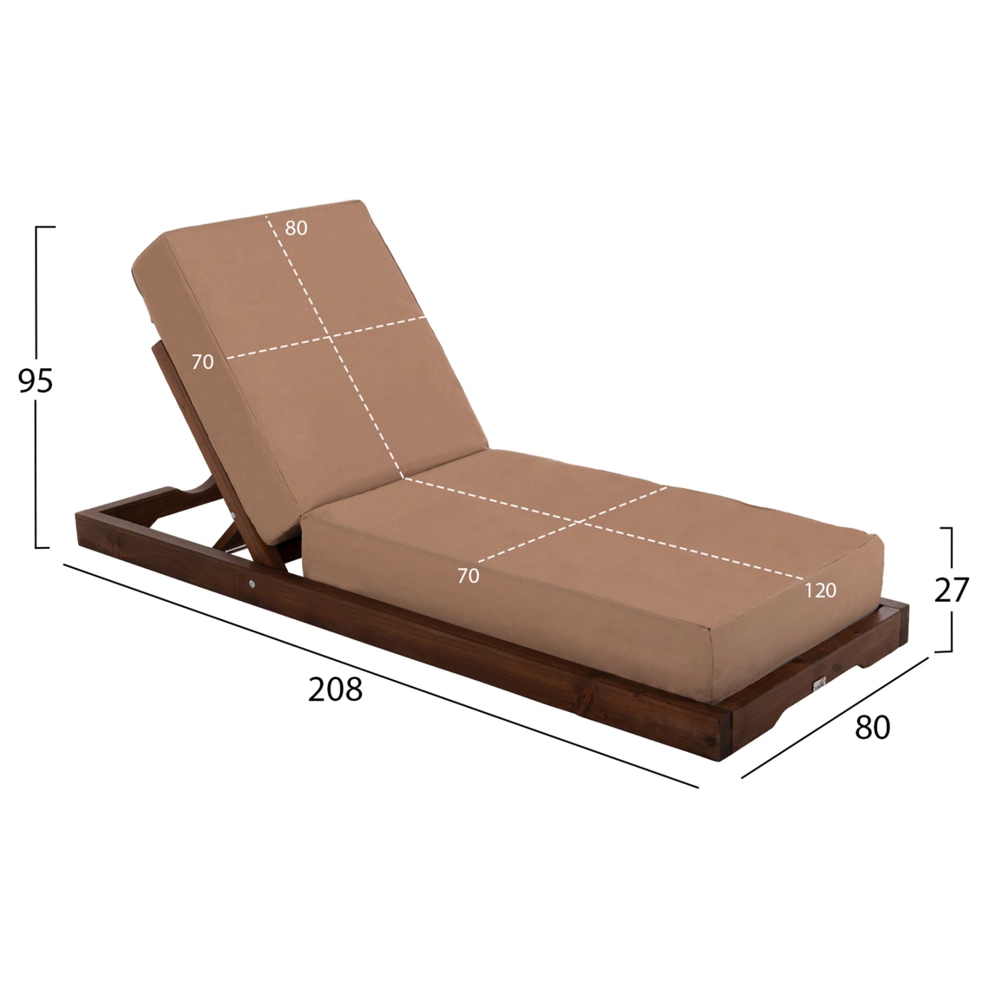 BEACH LOUNGER LOW IKARIA HM10622.04 PINE WOOD IN WALNUT COLOR-MOCHA TEXTILENE-CUSHION 20cm THICK