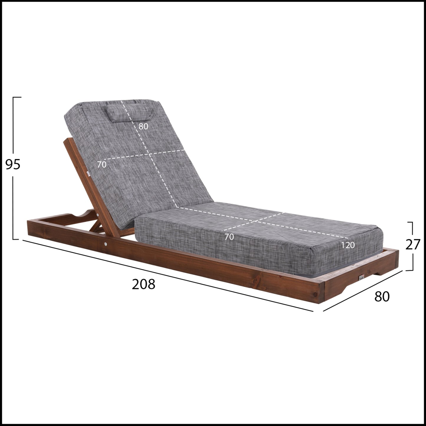 BEACH LOUNGER IKARIA HM10622.05 PINE WOOD IN WALNUT--GREY TEXTILENE--CUSHION 20cm