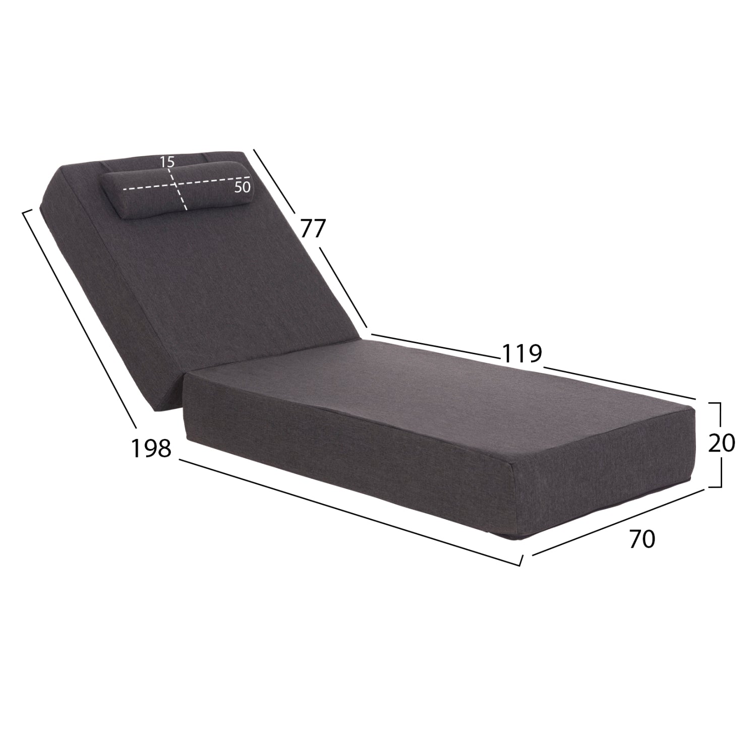 BEACH LOUNGER IKARIA HM10717.03 PINE WOOD IN NATURAL-OLEFIN IN GREY-WITH CUSHION 20cm.