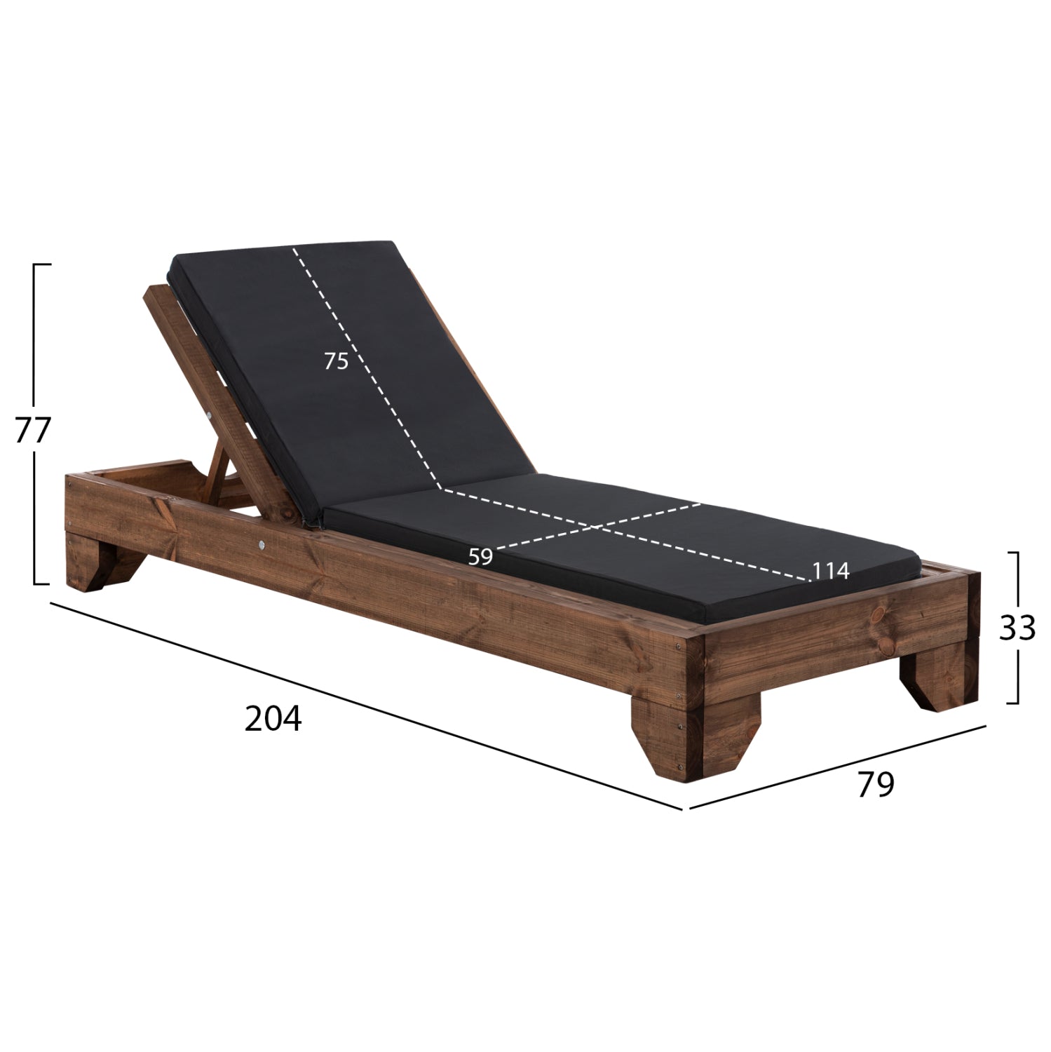 BEACH LOUNGER KORINOS HM10771.05T PINE WOOD IN WALNUT--CUSHION IN BLACK 79x204x77Hcm.
