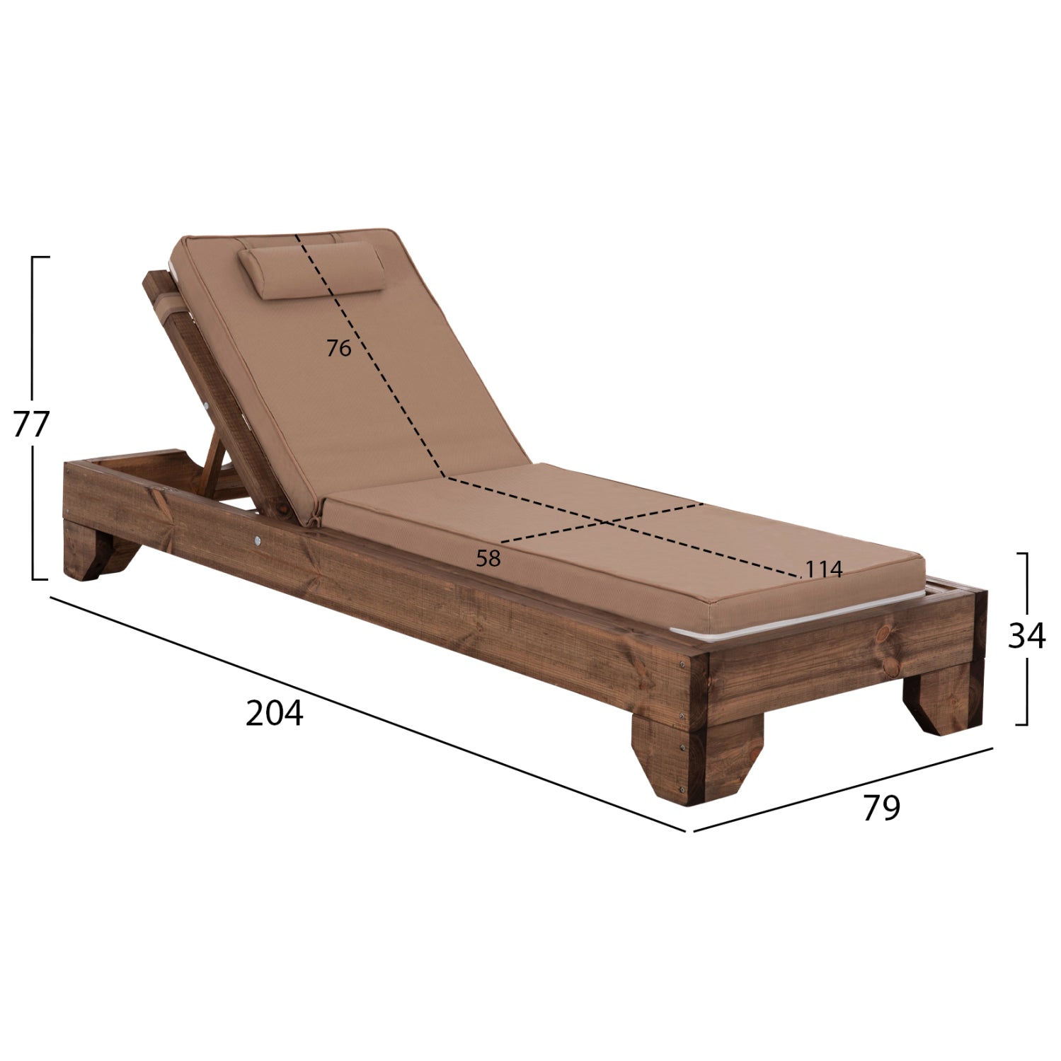 BEACH LOUNGER KORINOS HM10772.04T PINE WOOD IN WALNUT--CUSHION IN MOCHA 79x204x77Hcm.