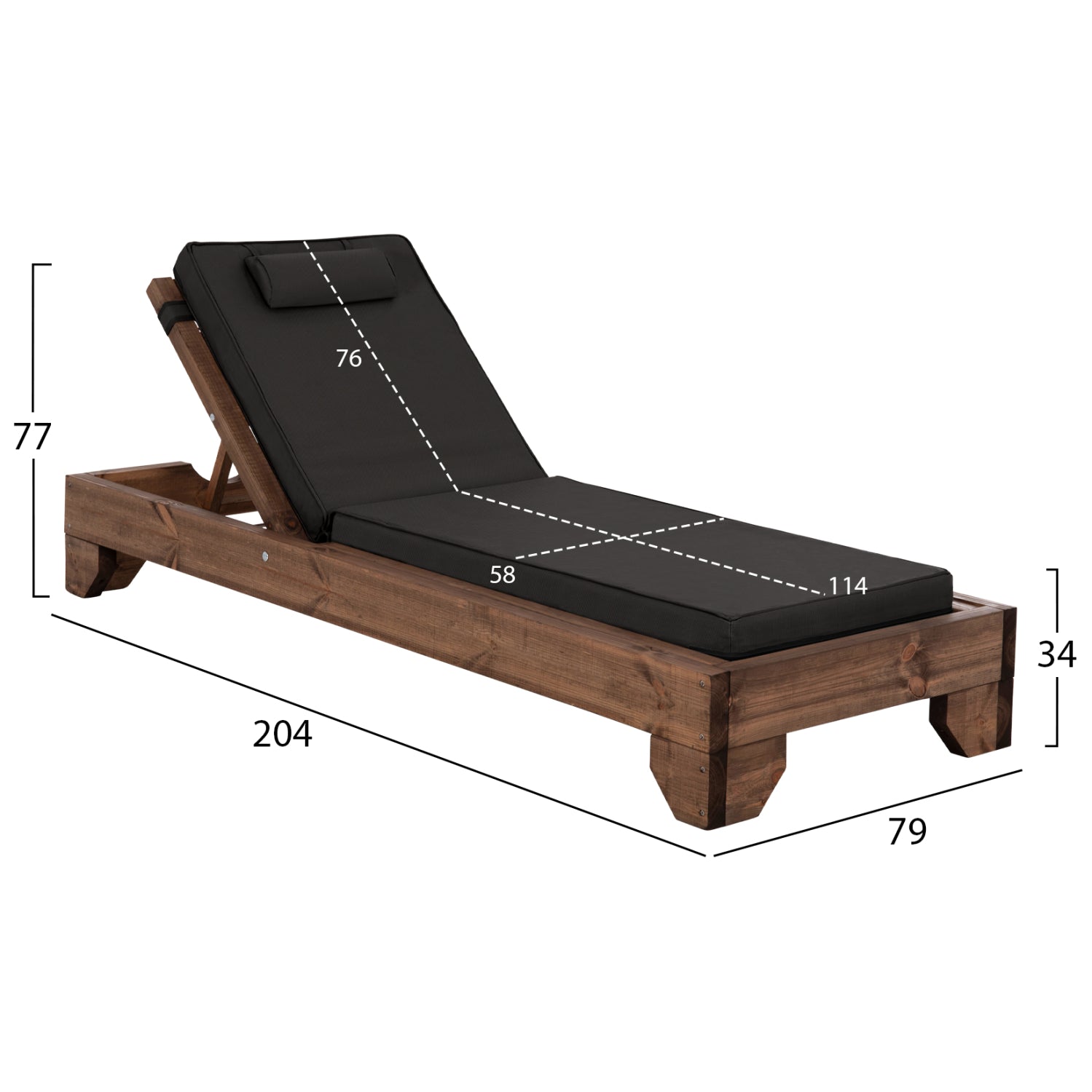 BEACH LOUNGER KORINOS HM10772.05T PINE WOOD IN WALNUT--CUSHION IN BLACK 79x204x77Hcm.