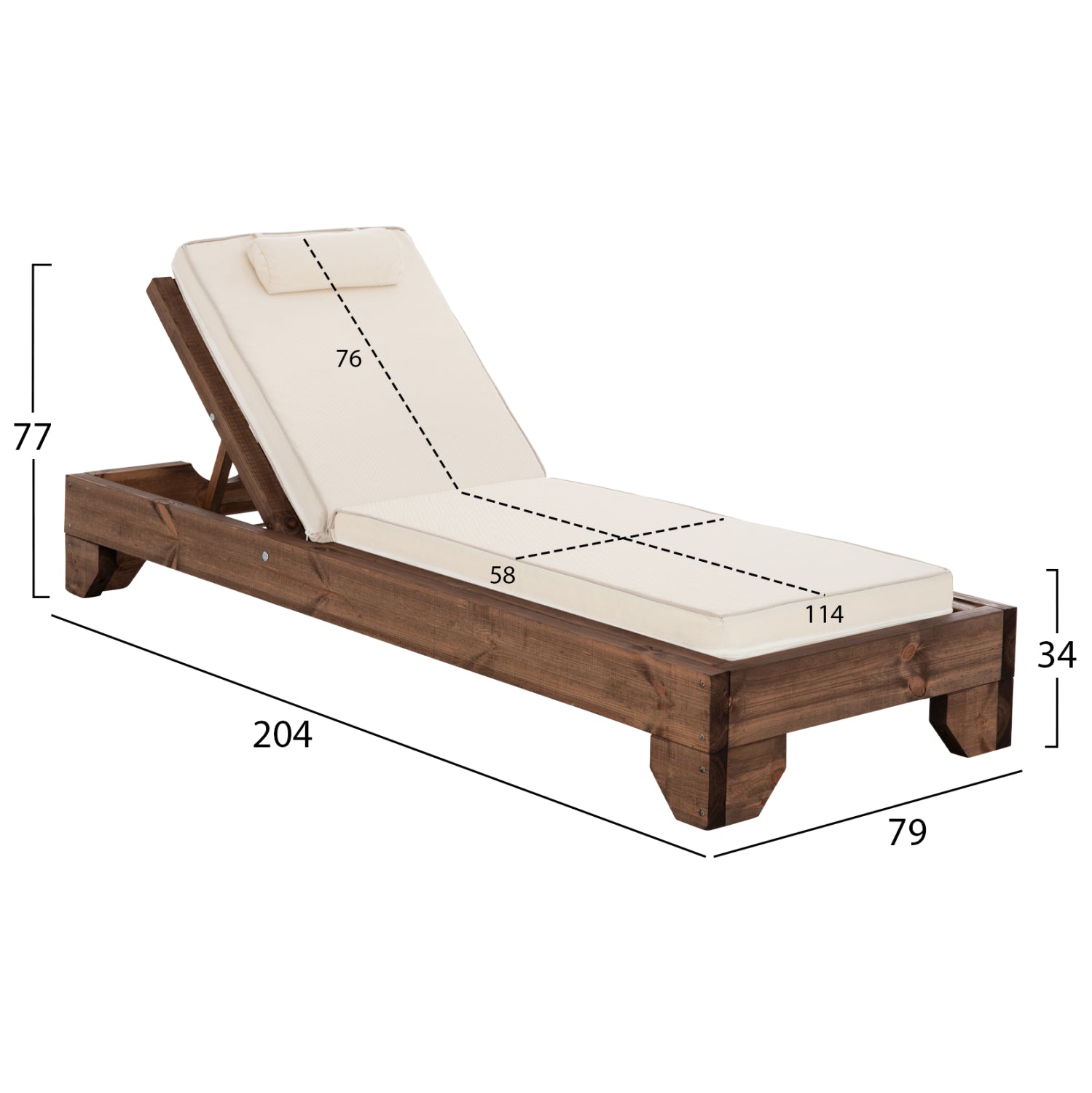 BEACH LOUNGER KORINOS HM10772.60T PINE WOOD IN WALNUT--CUSHION IN CREAM 79x204x77Hcm.