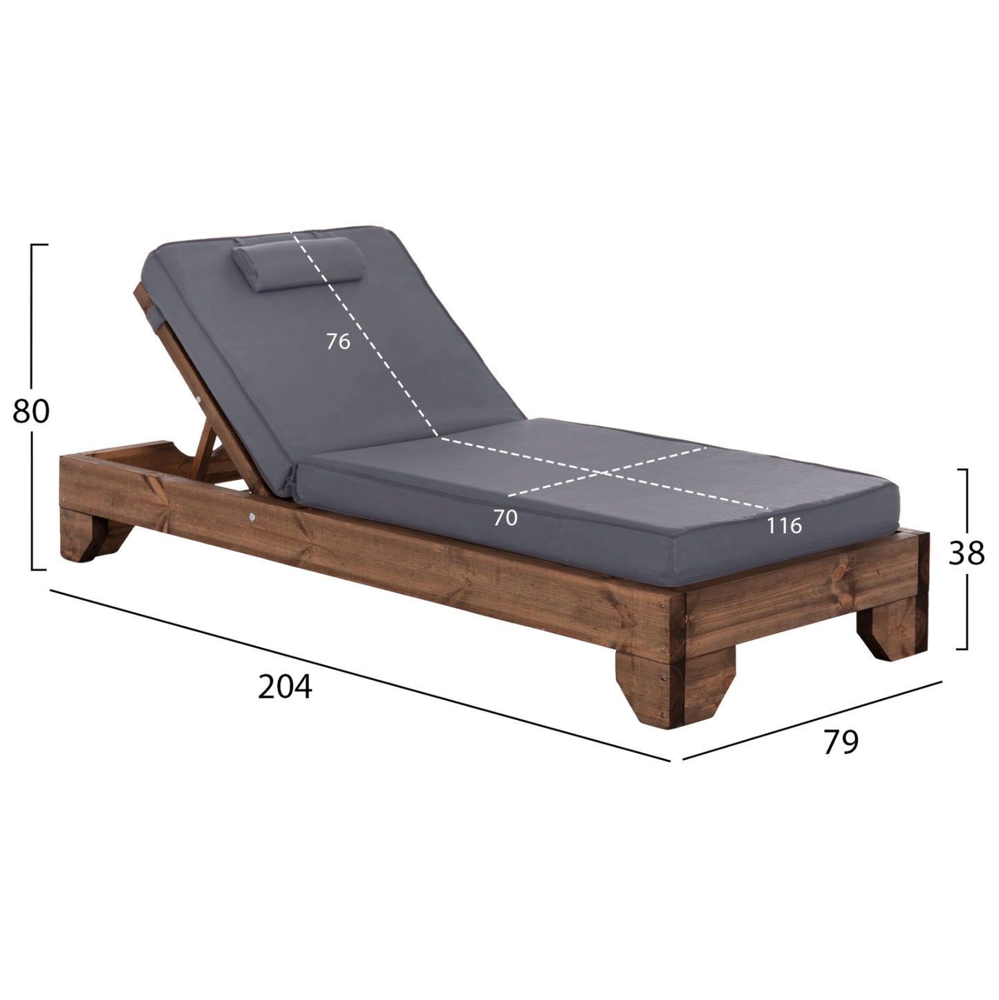 BEACH LOUNGER KORINOS HM10773.30T PINE WOOD IN WALNUT--CUSHION IN GREY 79x204x80Hcm.