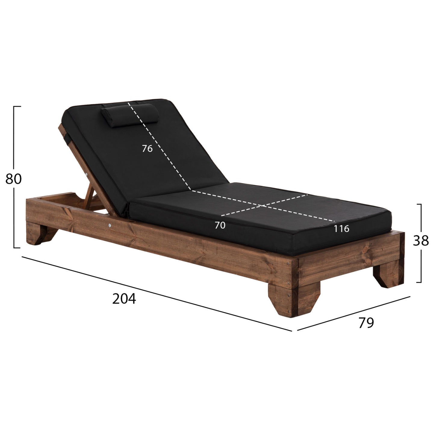 BEACH LOUNGER KORINOS HM10773.05T PINE WOOD IN WALNUT--CUSHION IN BLACK 79x204x80Hcm.