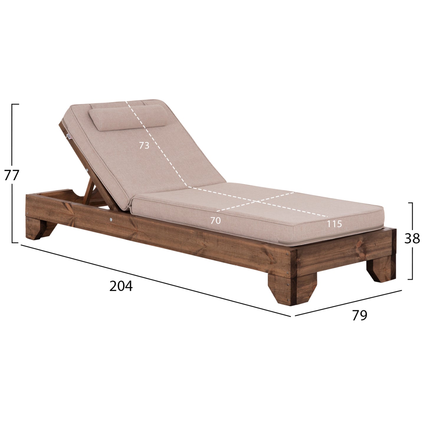 BEACH LOUNGER KORINOS HM10774.72 PINE WOOD IN WALNUT--OLEFIN CUSHION IN BEIGE 79x204x77Hcm.