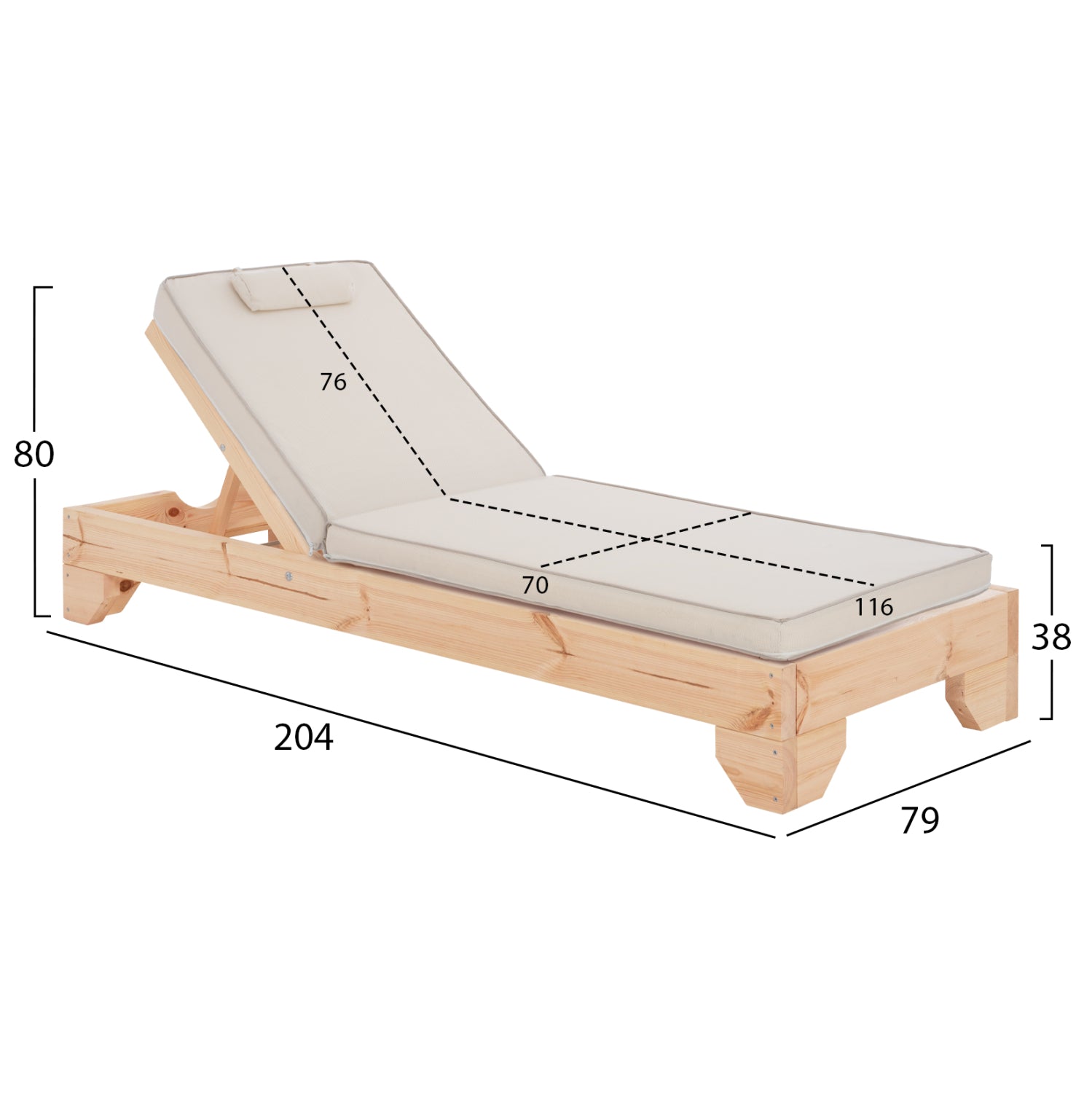 BEACH LOUNGER WITH CUSHION KORINOS HM10777.60T PINE WOOD--TEXTILENE COVER IN CREAM COLOR 79x204x80Hcm.