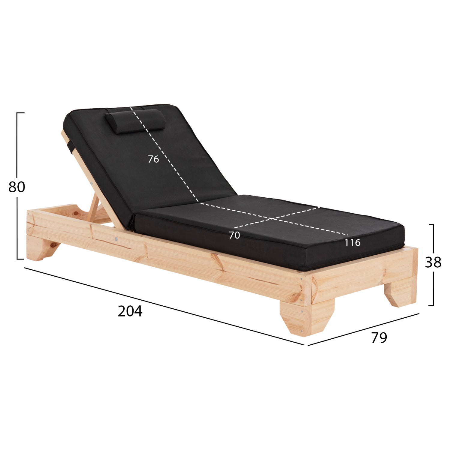 BEACH LOUNGER WITH CUSHION KORINOS HM10777.05T PINE WOOD--TEXTILENE COVER IN BLACK 79x204x80Hcm.