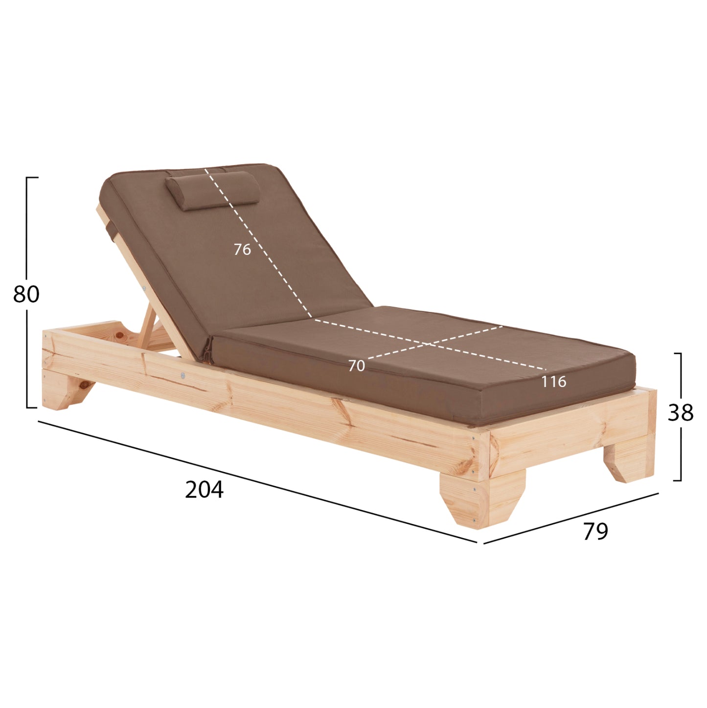 BEACH LOUNGER WITH CUSHION KORINOS HM10777.04T PINE WOOD--TEXTILENE COVER IN MOCHA 79x204x80Hcm.