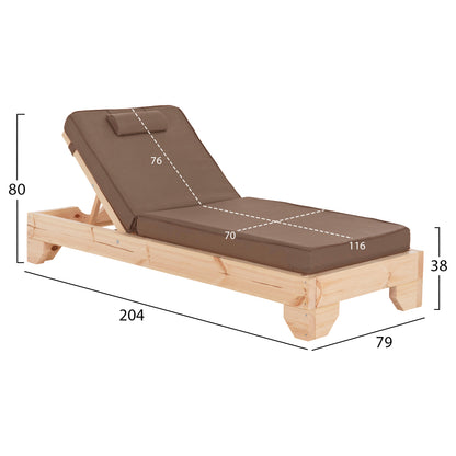 BEACH LOUNGER WITH CUSHION KORINOS HM10777.04T PINE WOOD--TEXTILENE COVER IN MOCHA 79x204x80Hcm.