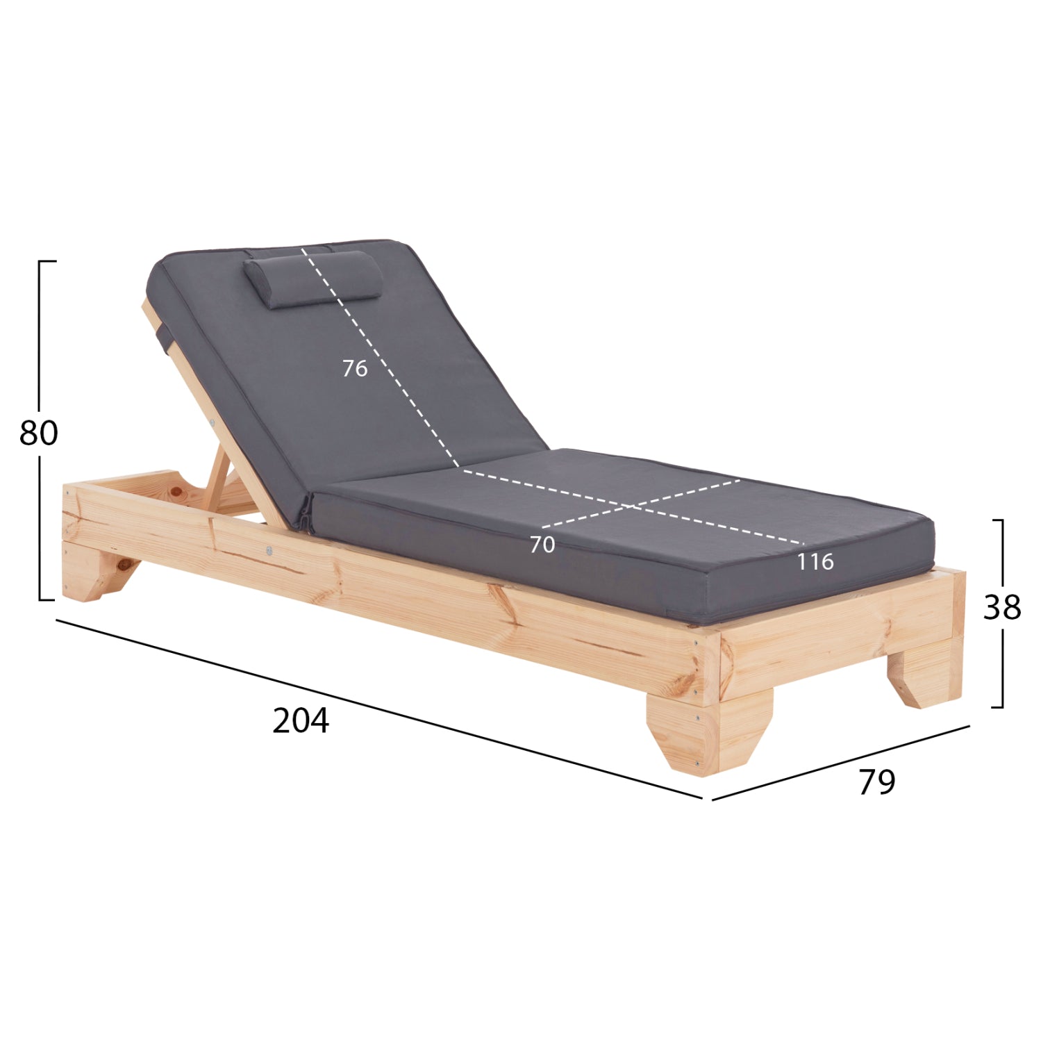 BEACH LOUNGER WITH CUSHION KORINOS HM10777.30T PINE WOOD--TEXTILENE COVER IN GREY 79x204x80Hcm.