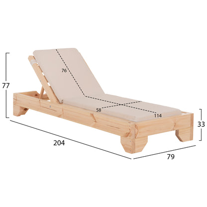 BEACH LOUNGER WITH CUSHION KORINOS HM10775.60T PINE WOOD--TEXTILENE COVER IN BEIGE 79x204x77Hcm