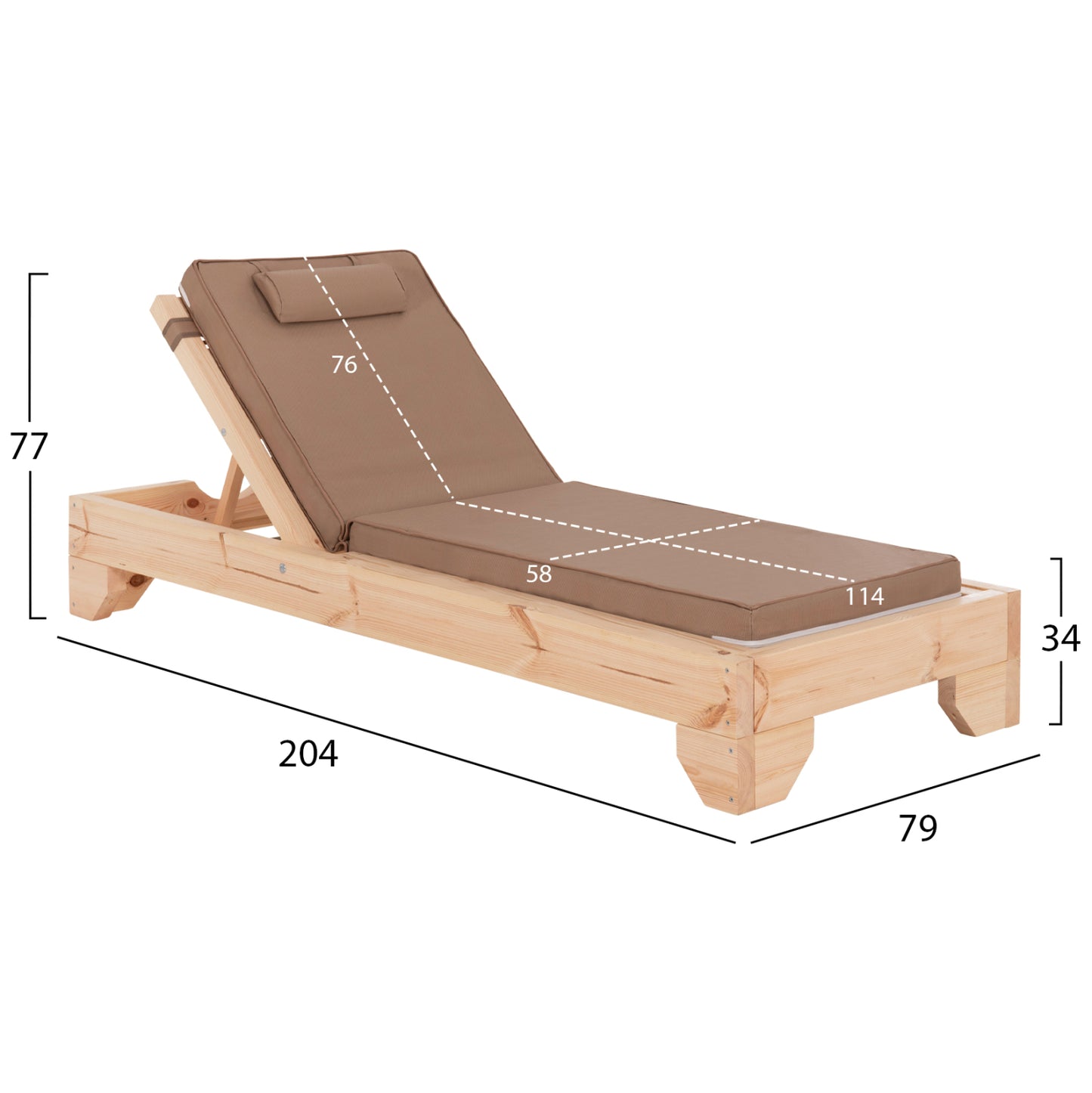 BEACH LOUNGER WITH CUSHION KORINOS HM10776.04T PINE WOOD--TEXTILENE COVER IN MOCHA 79x204x77Hcm.