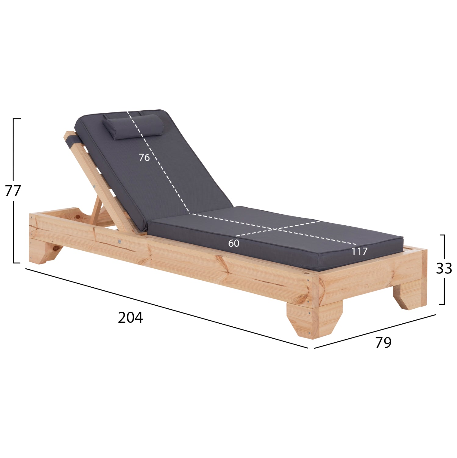 BEACH LOUNGER WITH CUSHION KORINOS HM10776.30T PINE WOOD--TEXTILENE COVER IN GREY 79x204x77Hcm