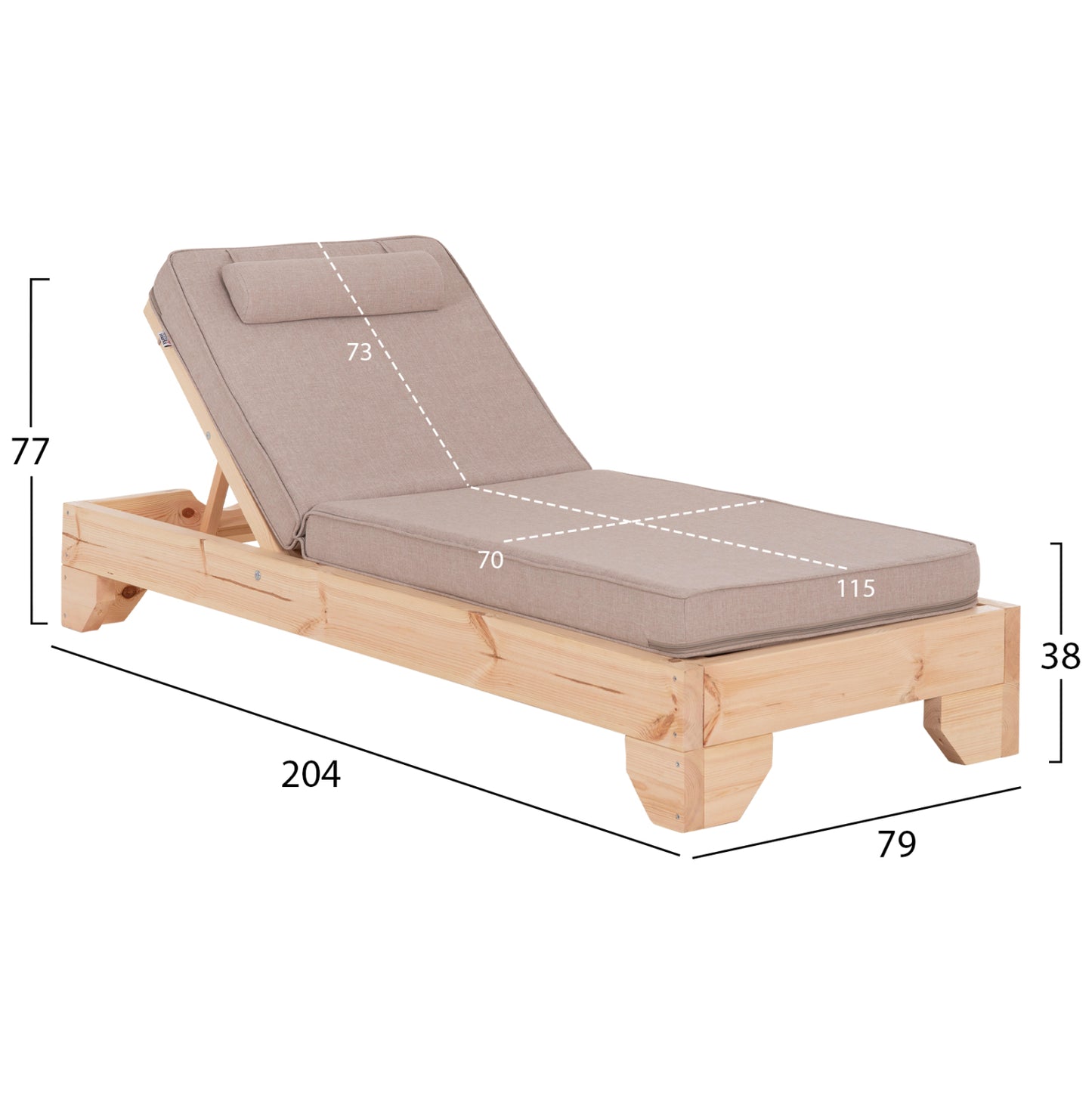 BEACH LOUNGER WITH CUSHION KORINOS HM10778.72 PINE WOOD--OLEFIN COVER IN BEIGE 79x204x77Hcm.